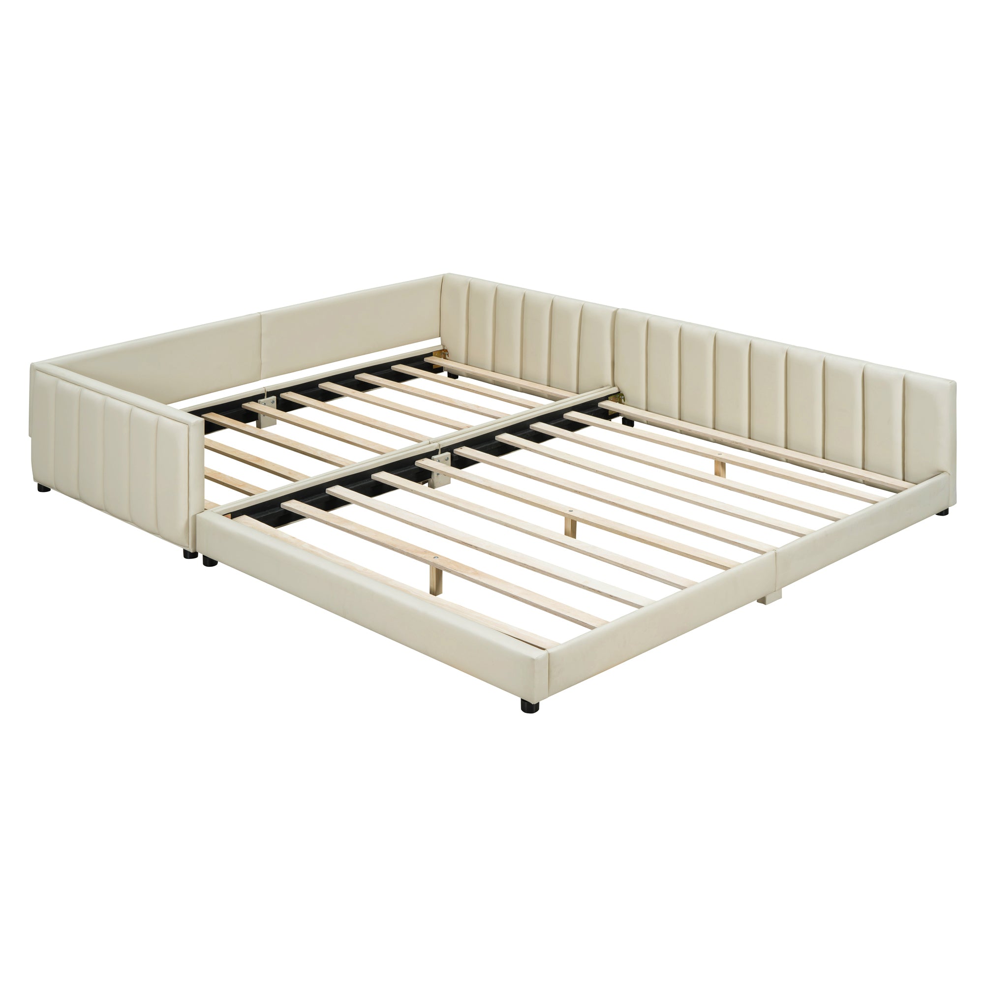 Queen Size & Twin XL Size Upholstered Platform Bed, Mother & Child Bed, PU Leather, Beige - Atlantic Fine Furniture Melbourne FL