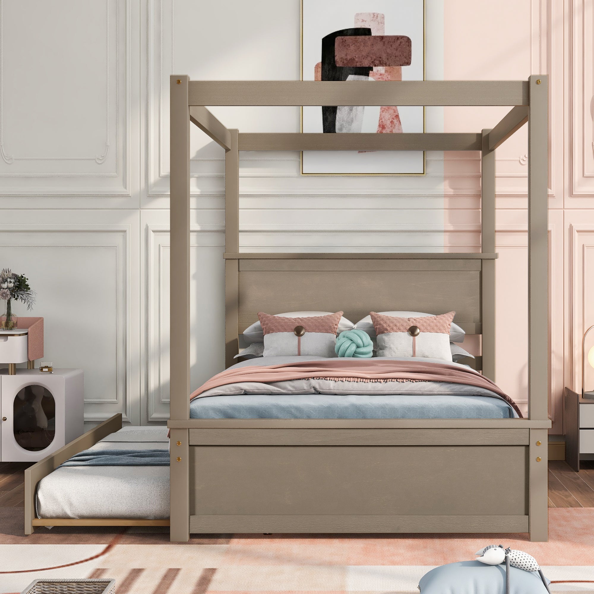 Wood Canopy Bed with Trundle Bed ,Full Size Canopy Platform bed With Support Slats .No Box Spring Needed, Brushed Light Brown - Atlantic Fine Furniture Melbourne FL