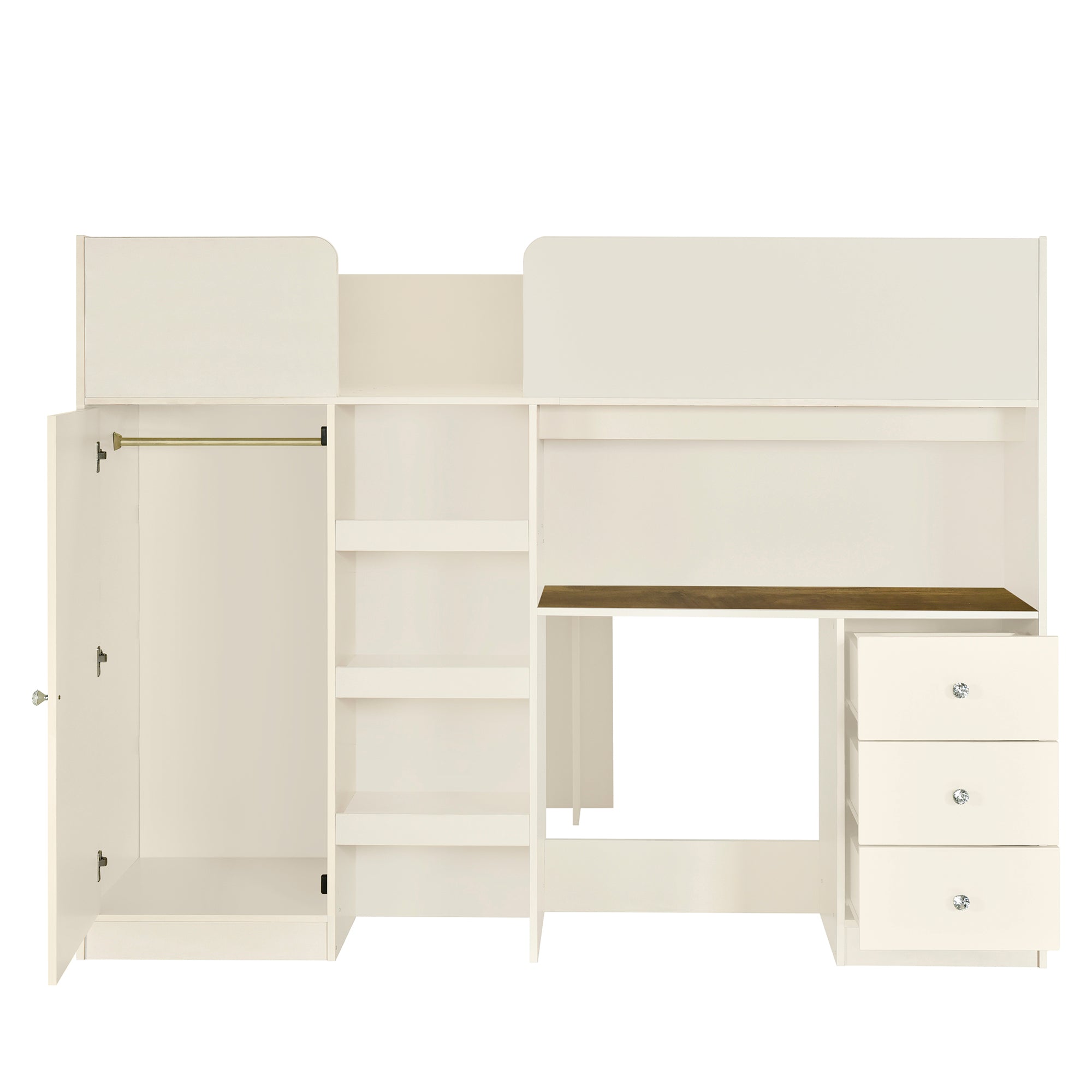Wood Full Size Loft Bed with Built-in Wardrobe, Desk, Storage Shelves and Drawers, Beige - Atlantic Fine Furniture Melbourne FL