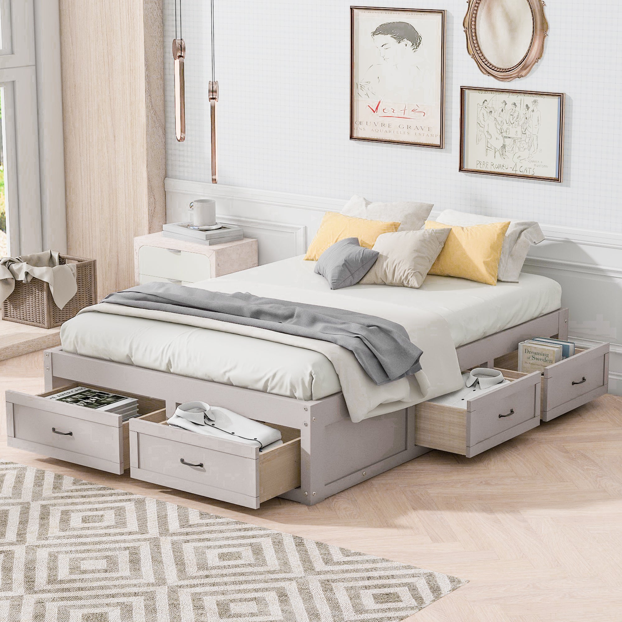 Full Size Platform Bed with 6 Storage Drawers,Antique White - Atlantic Fine Furniture Melbourne FL