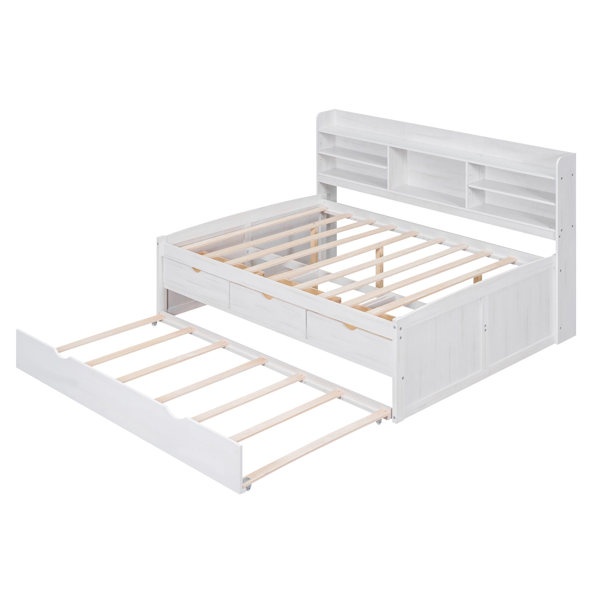 Full Size Wooden Captain Bed with Built-in Bookshelves,Three Storage Drawers and Trundle,White Wash - Atlantic Fine Furniture Melbourne FL