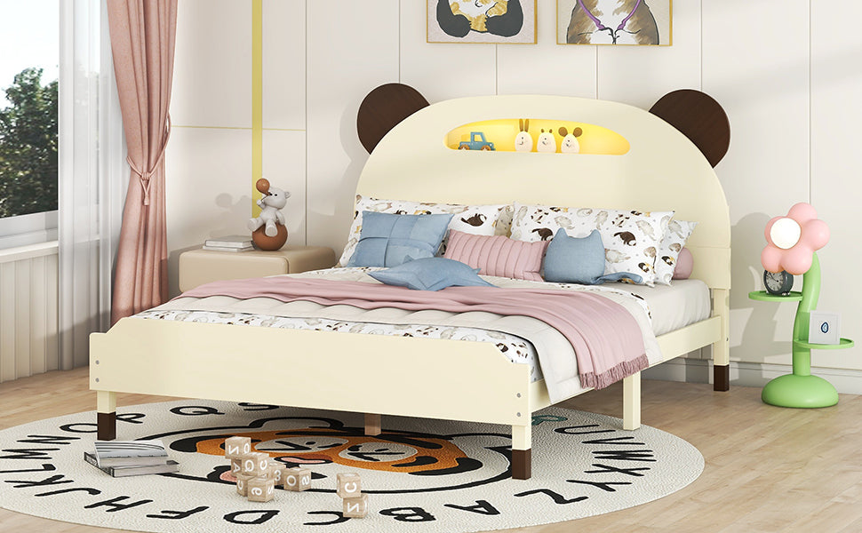 Full Size Wood Platform Bed with Bear-shaped Headboard,Bed with Motion Activated Night Lights,Cream+Walnut - Atlantic Fine Furniture Melbourne FL