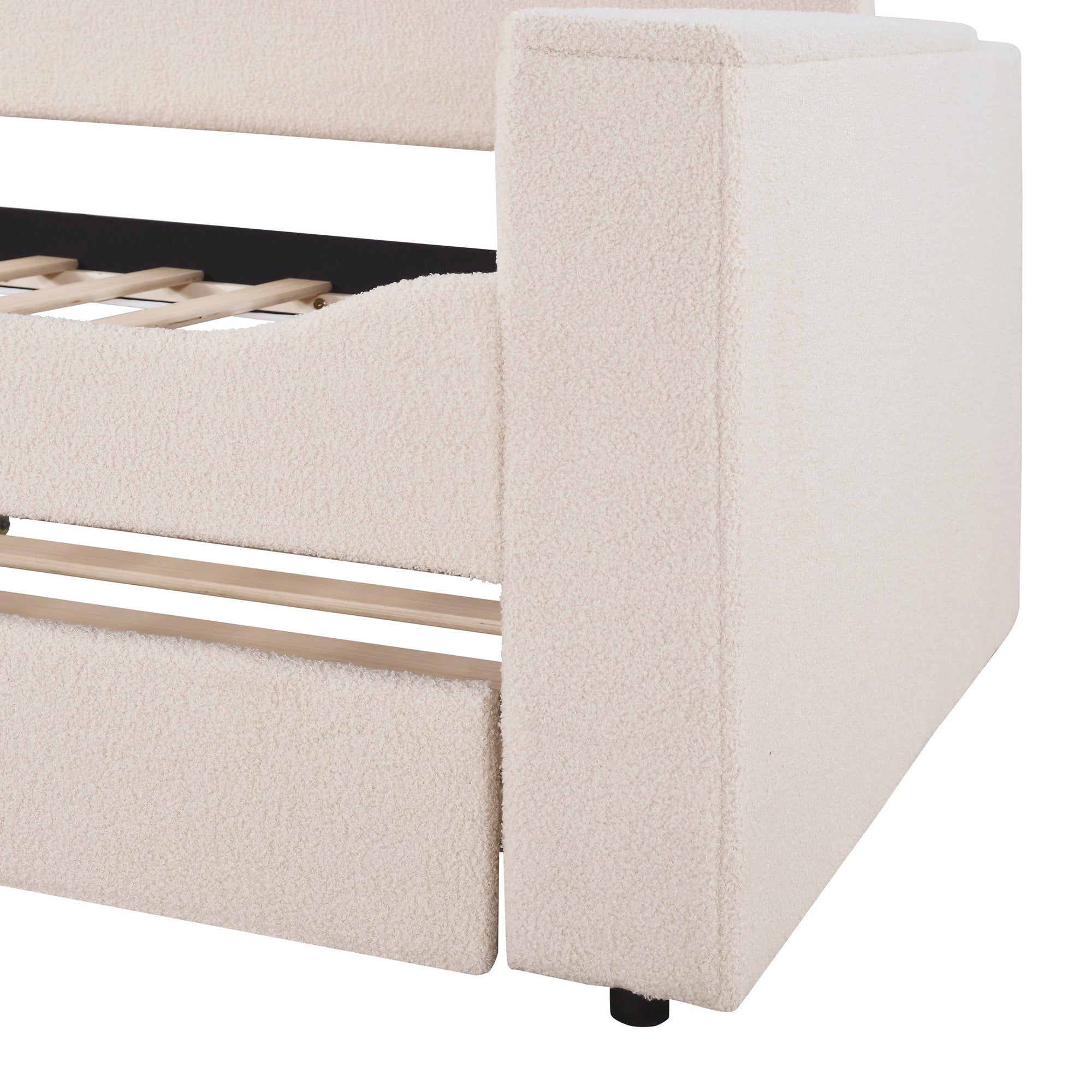 Twin Size Upholstered Daybed with Storage Armrests, Trundle and Latest Integrated Bluetooth Audio System, Teddy Fleece, Beige - Atlantic Fine Furniture Melbourne FL