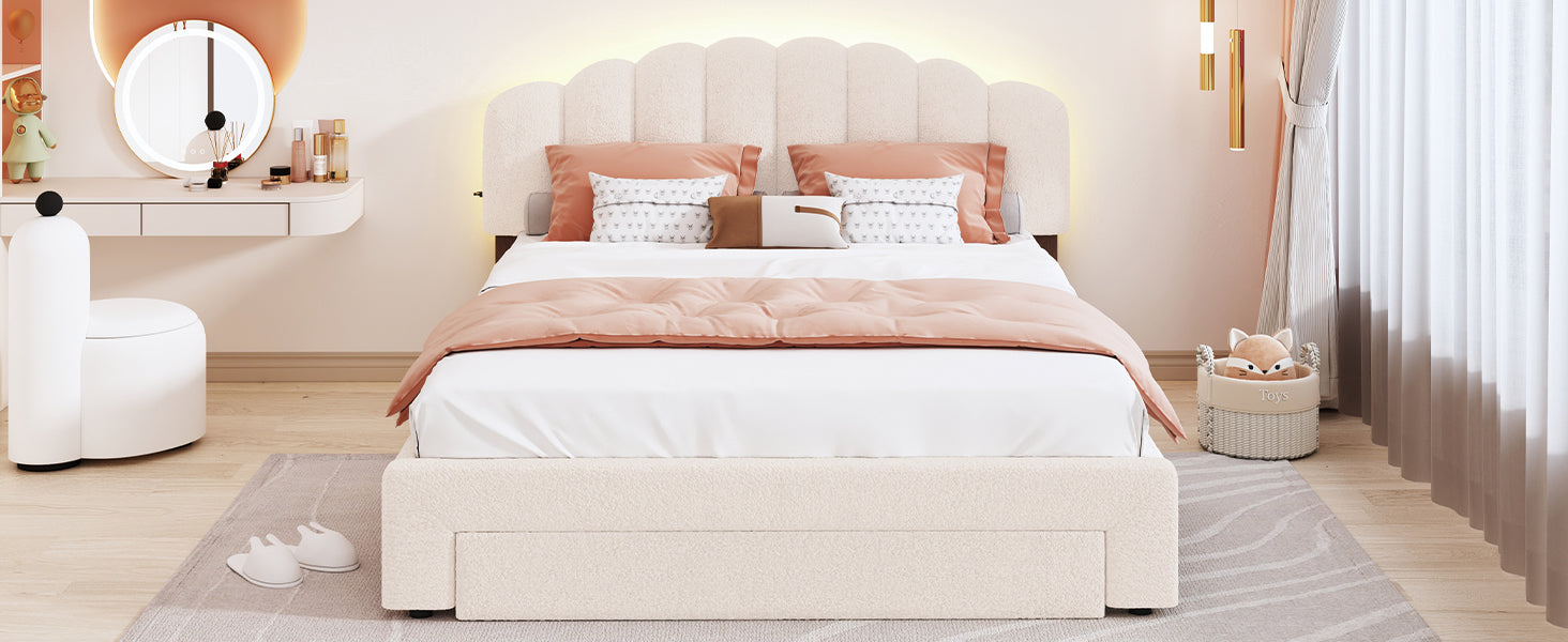 Teddy Fleece Queen Size Upholstered Platform Bed with Drawer, Beige - Atlantic Fine Furniture Melbourne FL