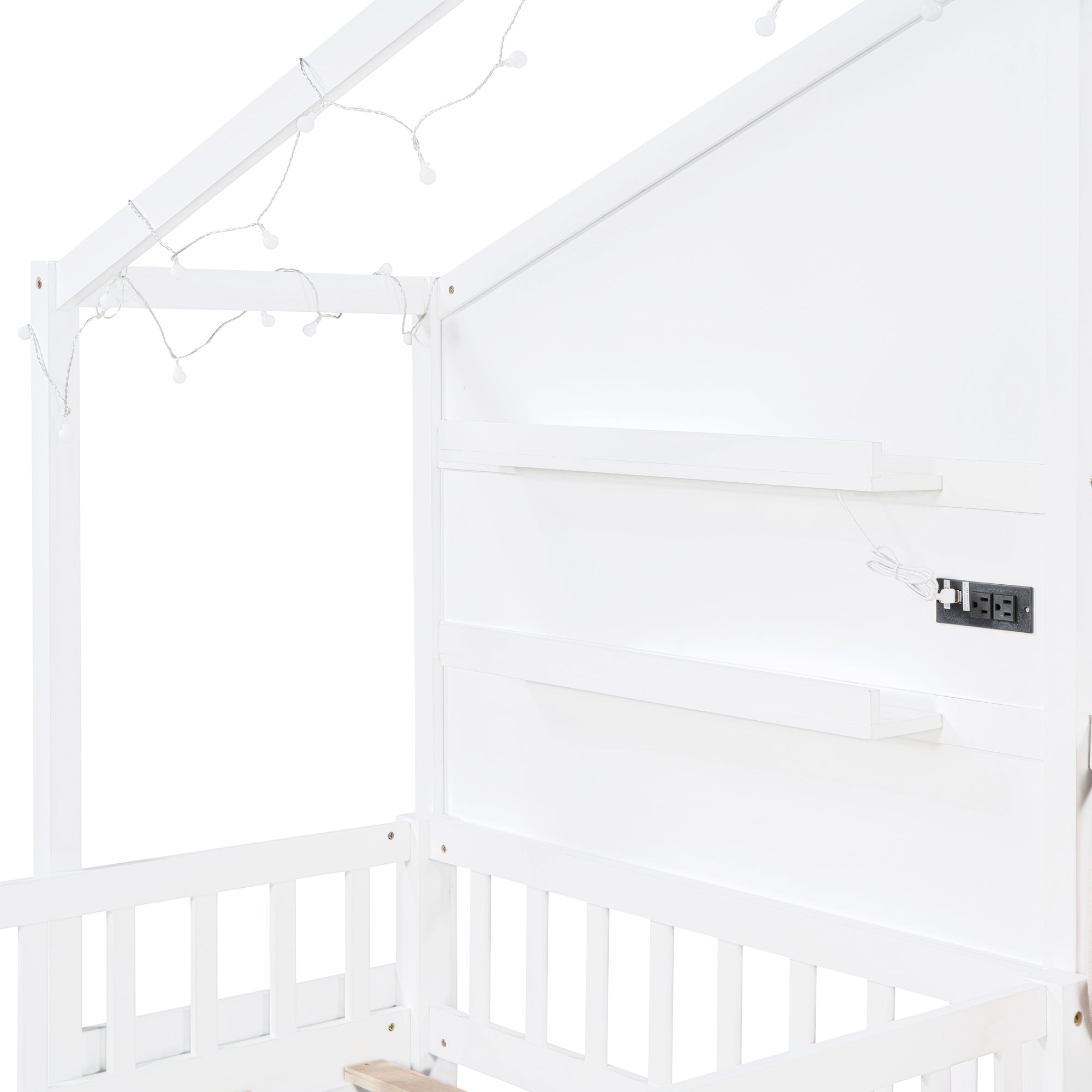 Twin Size House Bed with Upholstered Sofa, House Bed with Charging Station, Wireless Charging, Shelves and Two Drawers, White - Atlantic Fine Furniture Melbourne FL