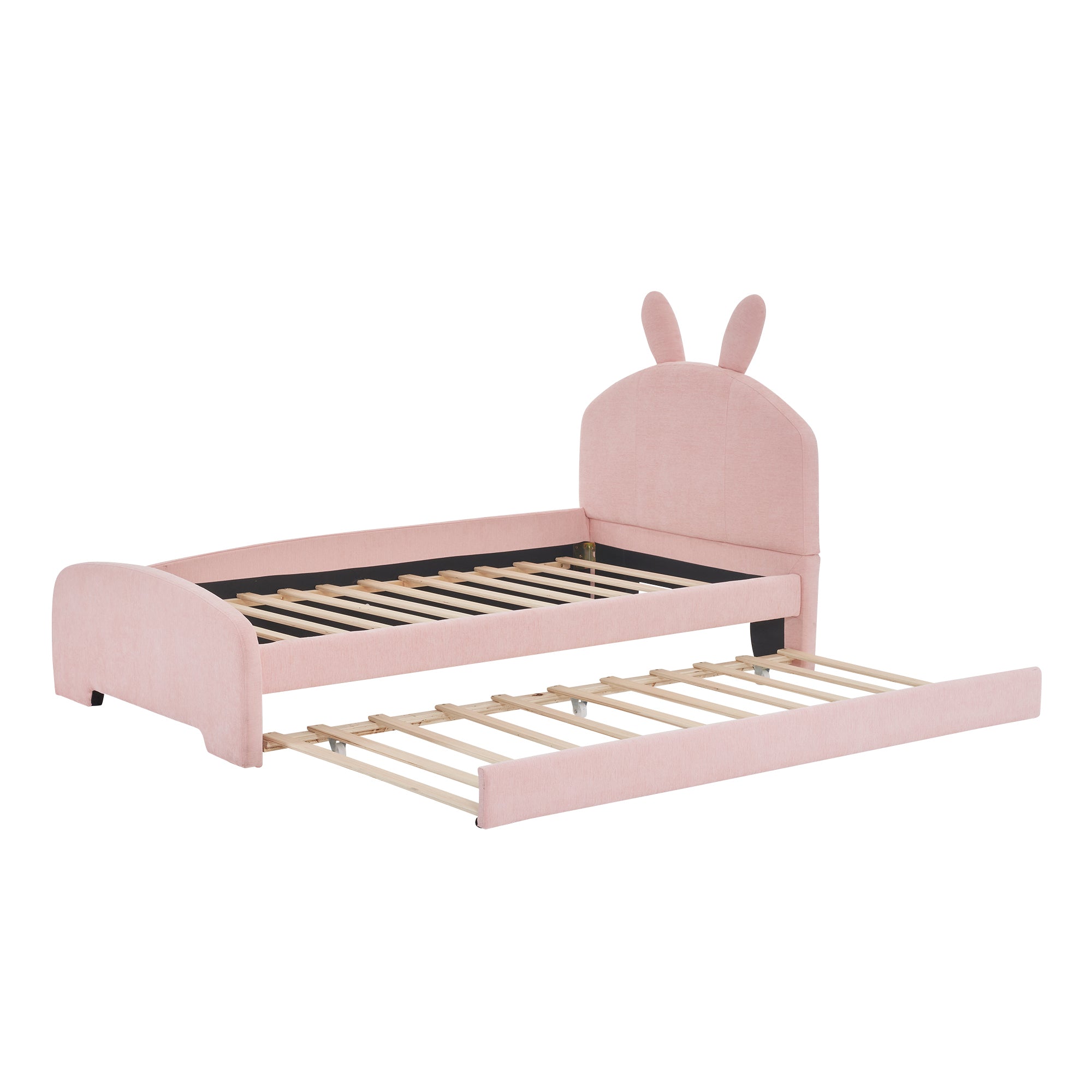Twin Size Upholstered Platform Bed with Cartoon Ears Shaped Headboard and Trundle, Pink - Atlantic Fine Furniture Melbourne FL