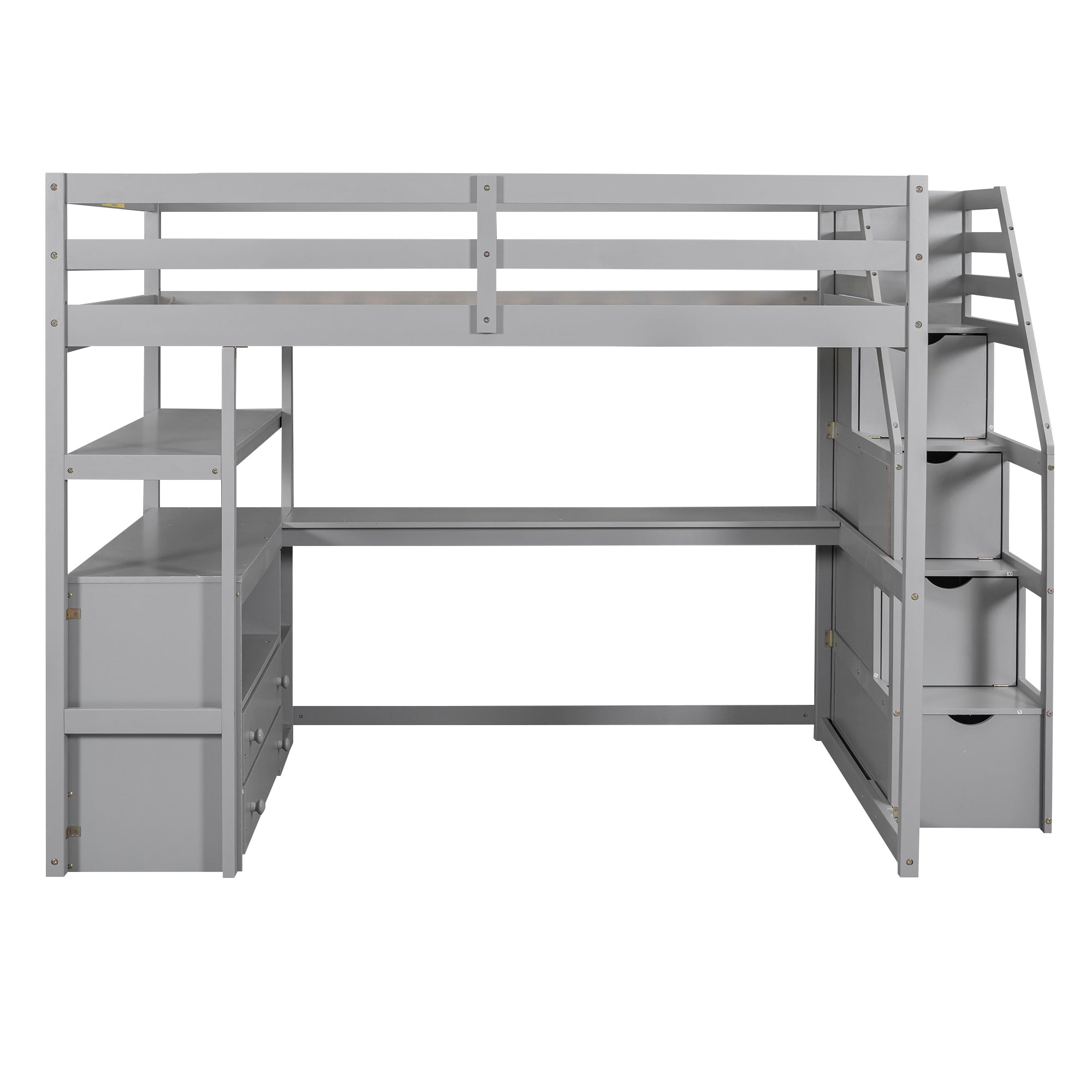 Full Size Loft Bed with Desk and Shelves, Two Built-in Drawers, Storage Staircase, Gray - Atlantic Fine Furniture Melbourne FL