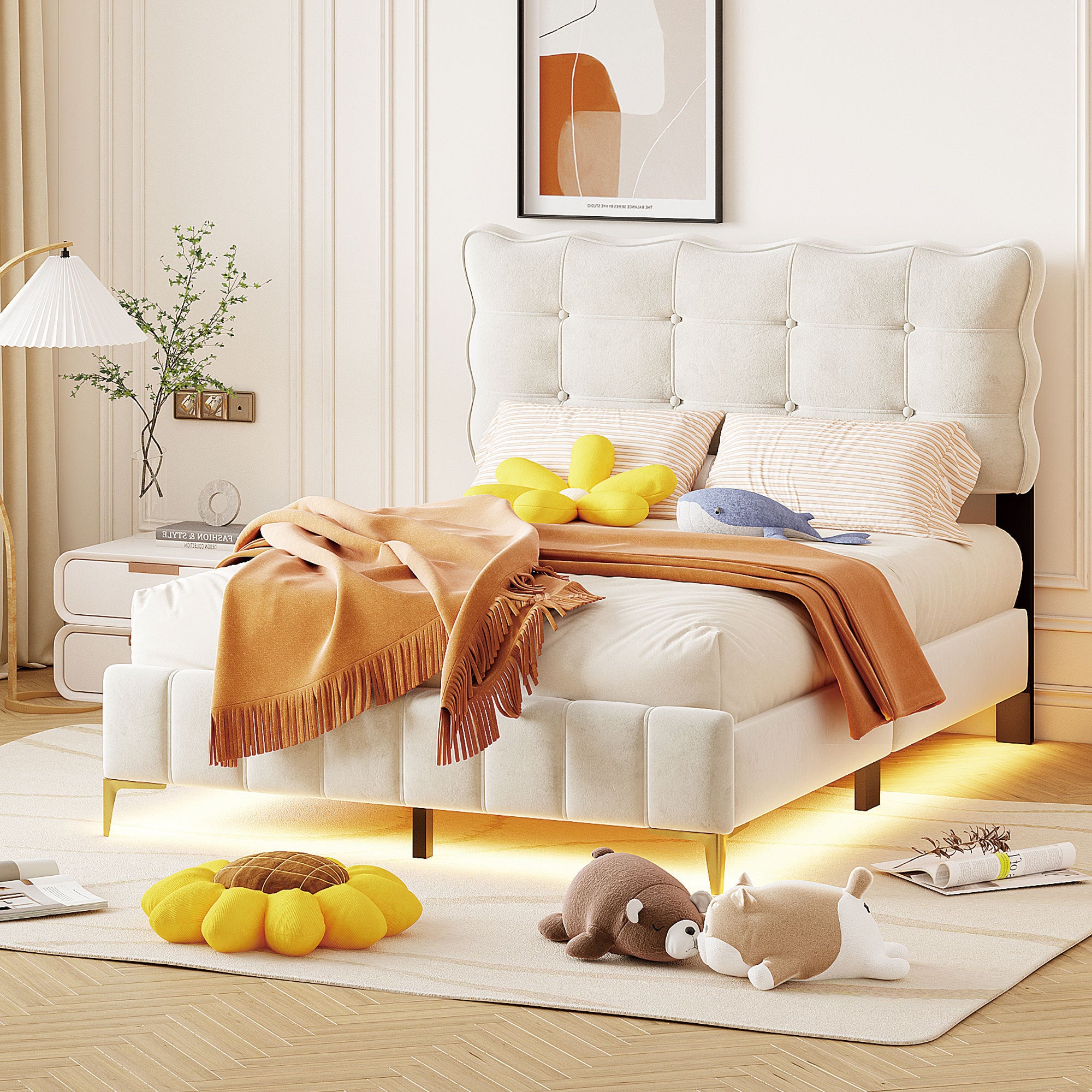 Full Size Velvet Platform Bed with LED Frame and Stylish Mental Bed Legs, Beige - Atlantic Fine Furniture Melbourne FL