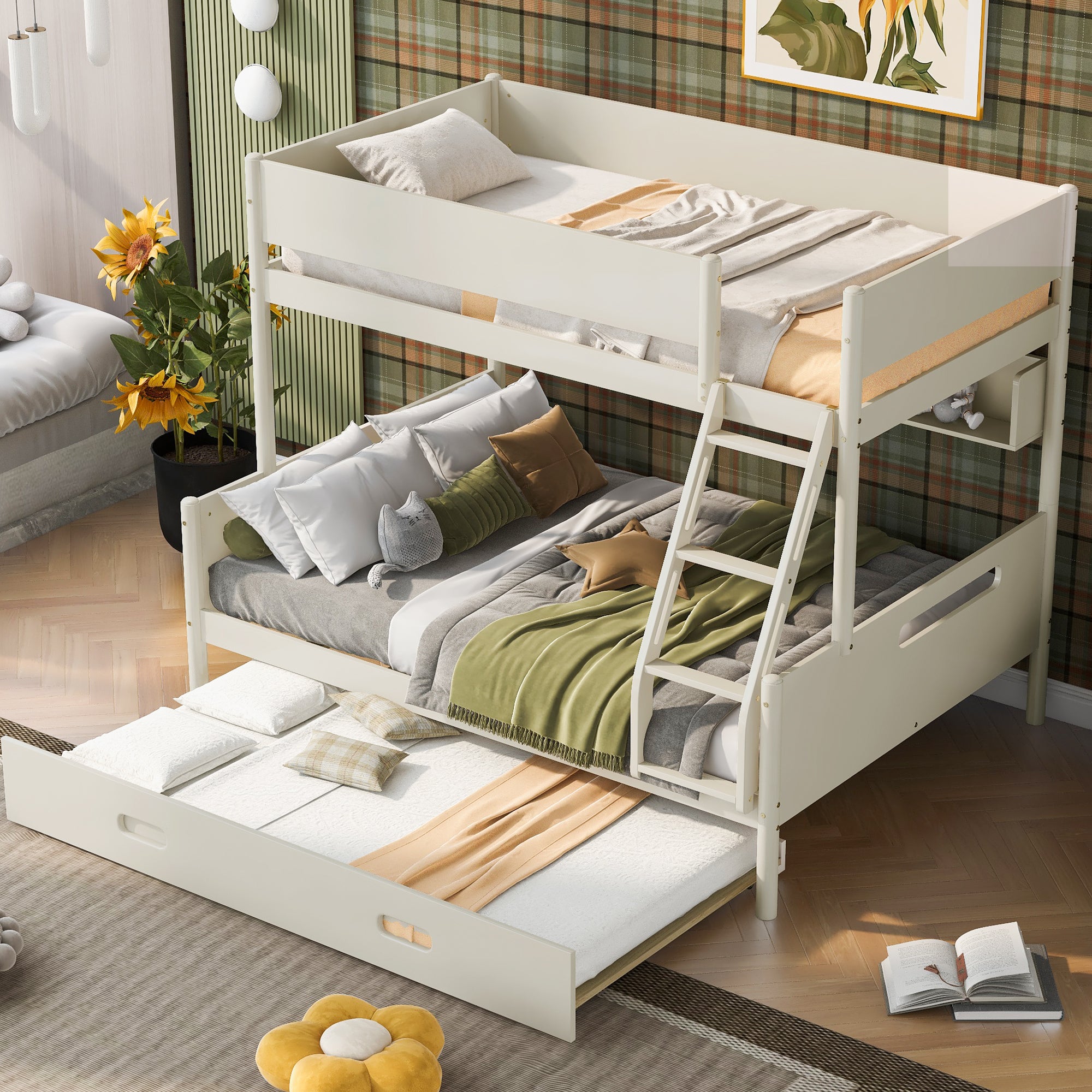 Wood Twin over Full Bunk Bed with Storage Shelves and Twin Size Trundle, Cream - Atlantic Fine Furniture Melbourne FL