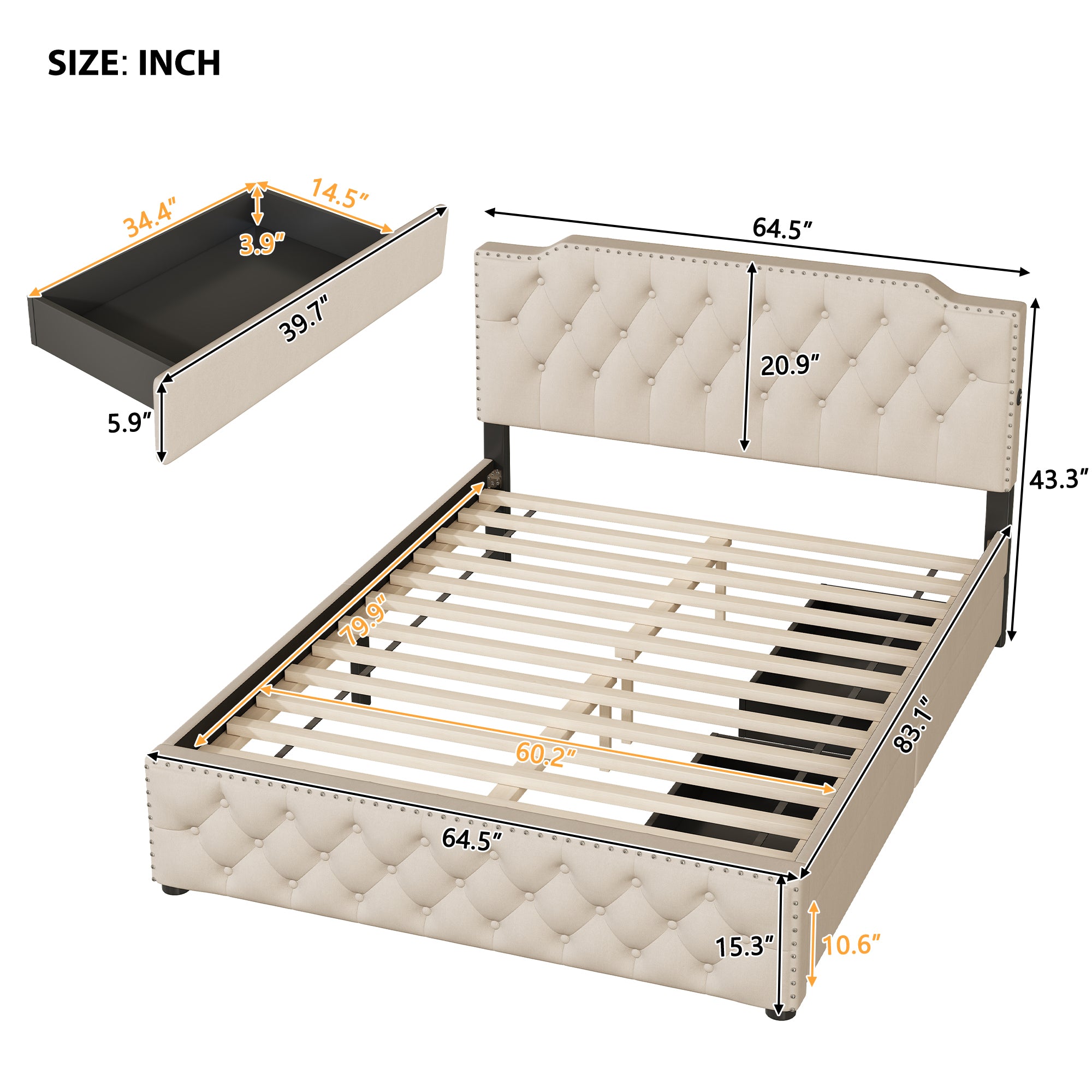 Queen Size Upholstered Platform Bed with 2 Drawers and 2 sets of USB Ports on each side, Linen Fabric, Beige - Atlantic Fine Furniture Melbourne FL