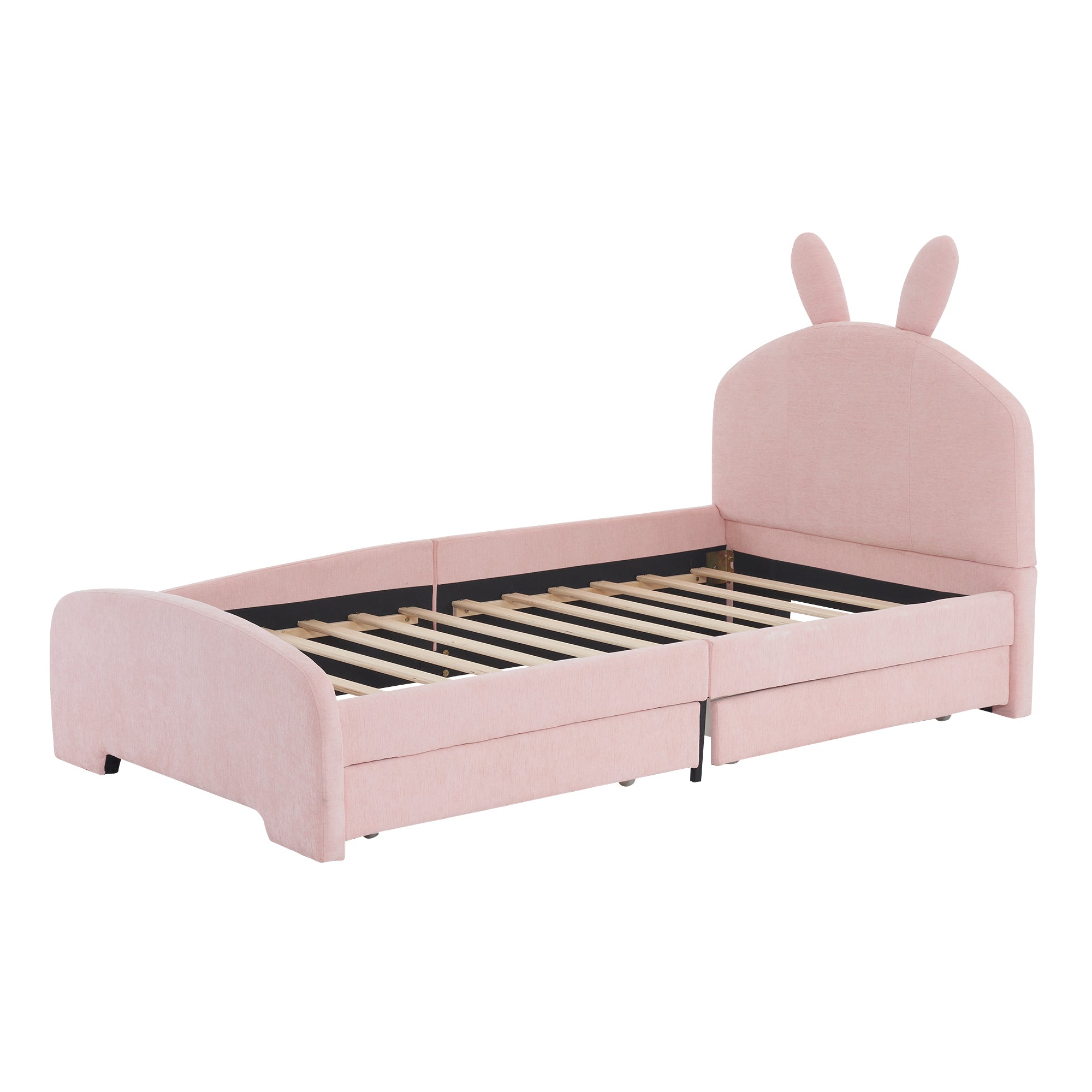 Twin Size Upholstered Platform Bed with Cartoon Ears Shaped Headboard and 2 Drawers, Pink - Atlantic Fine Furniture Melbourne FL