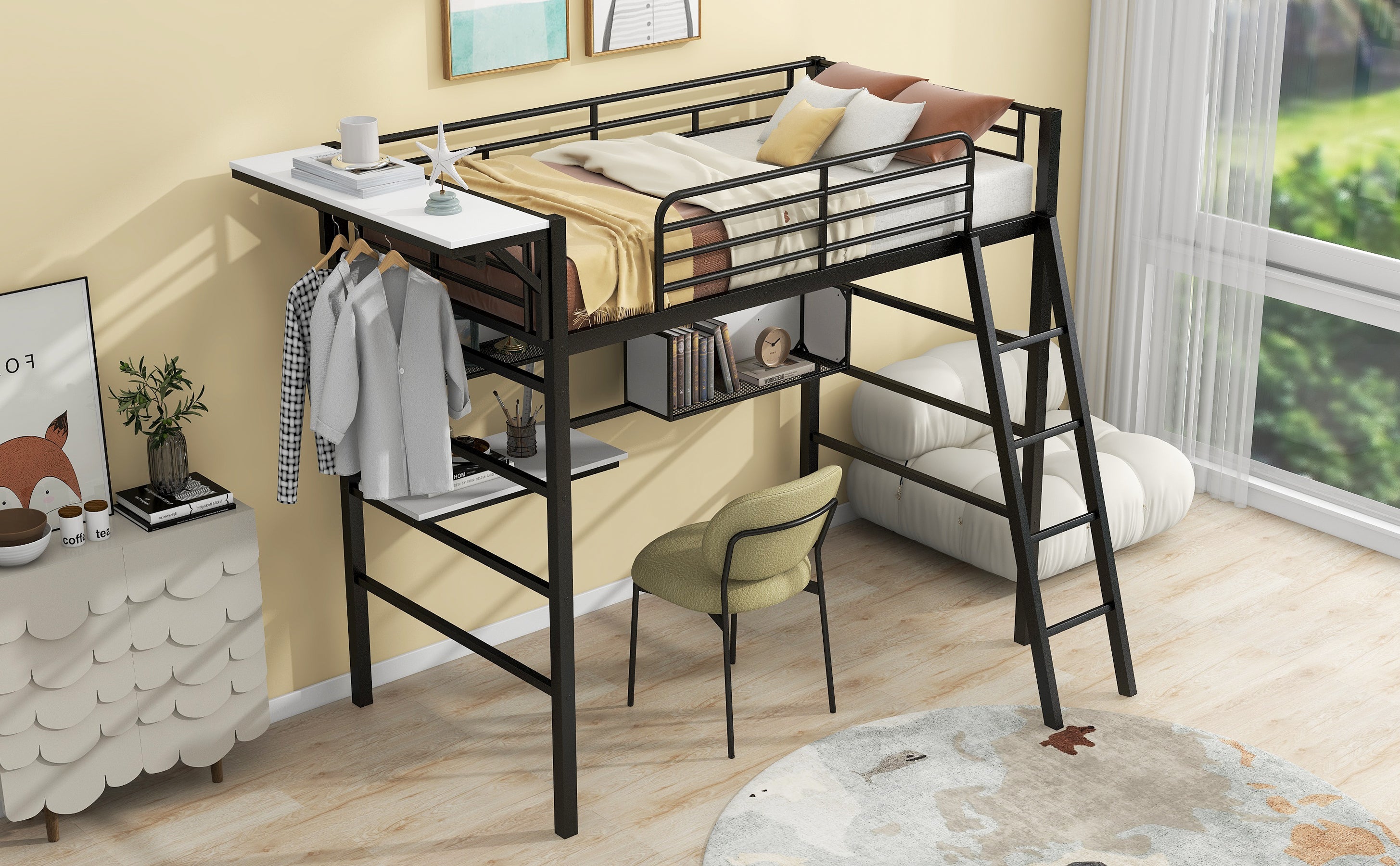 Twin Size Metal Loft Bed with 2 Shelves, a desk and a Hanging Clothes Rack, Black and White - Atlantic Fine Furniture Melbourne FL