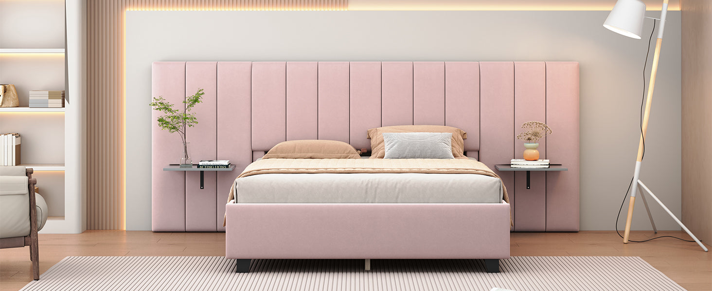 Queen Size Upholstered Platform Bed with Big Headboard, Bedroom Furniture, Velvet, Pink - Atlantic Fine Furniture Melbourne FL