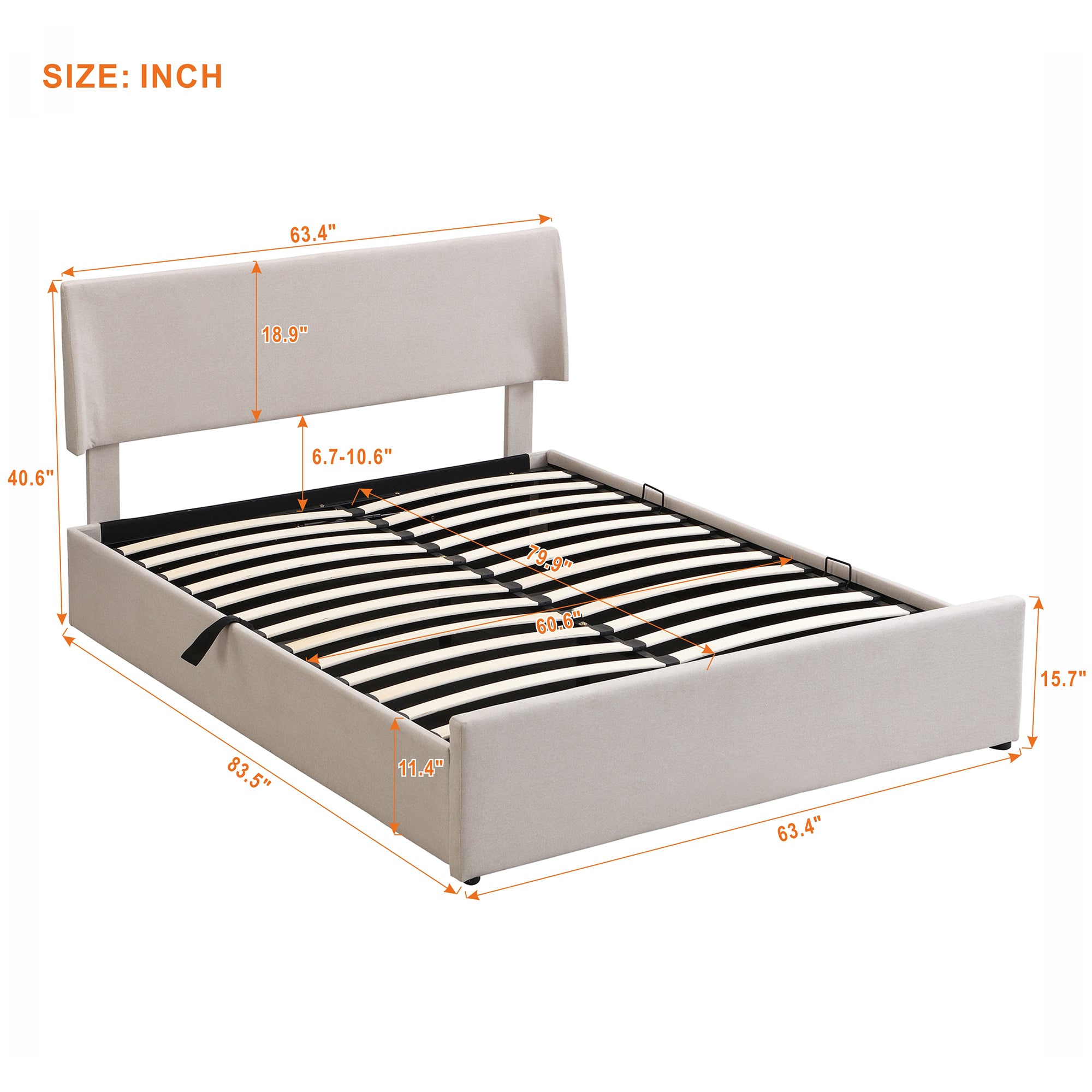 Queen Size Sleigh Bed with Side-Tilt Hydraulic Storage System, Linen Upholstery, Beige - Atlantic Fine Furniture Melbourne FL
