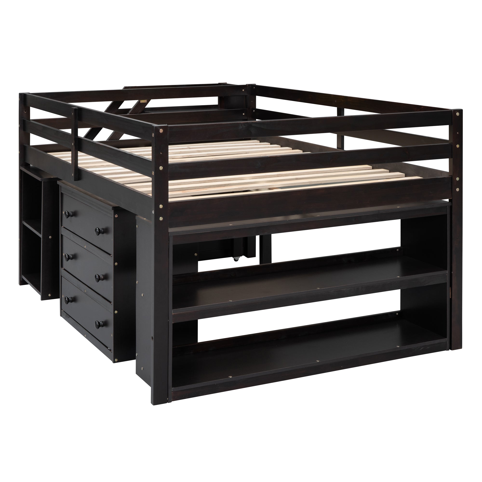 Full Size Loft Bed with Retractable Writing Desk and 3 Drawers, Wooden Loft Bed with Storage Stairs and Shelves, Espresso - Atlantic Fine Furniture Melbourne FL