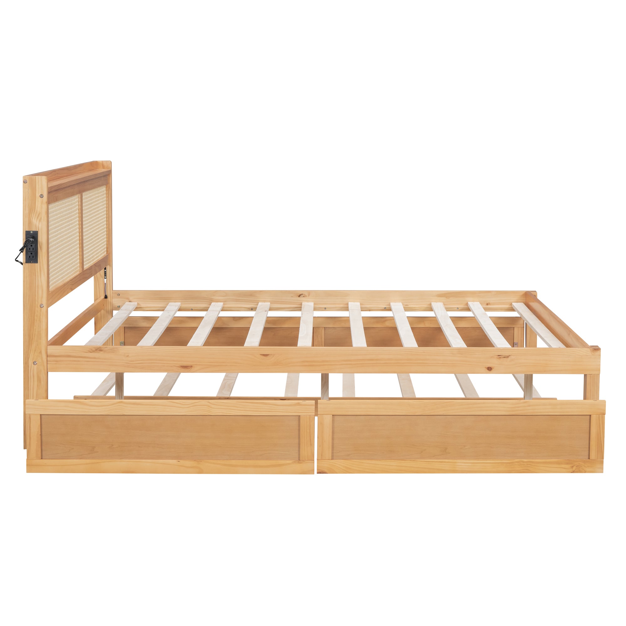Queen Size Elegant Bed Frame with Rattan Headboard and Sockets ,Walnut - Atlantic Fine Furniture Melbourne FL