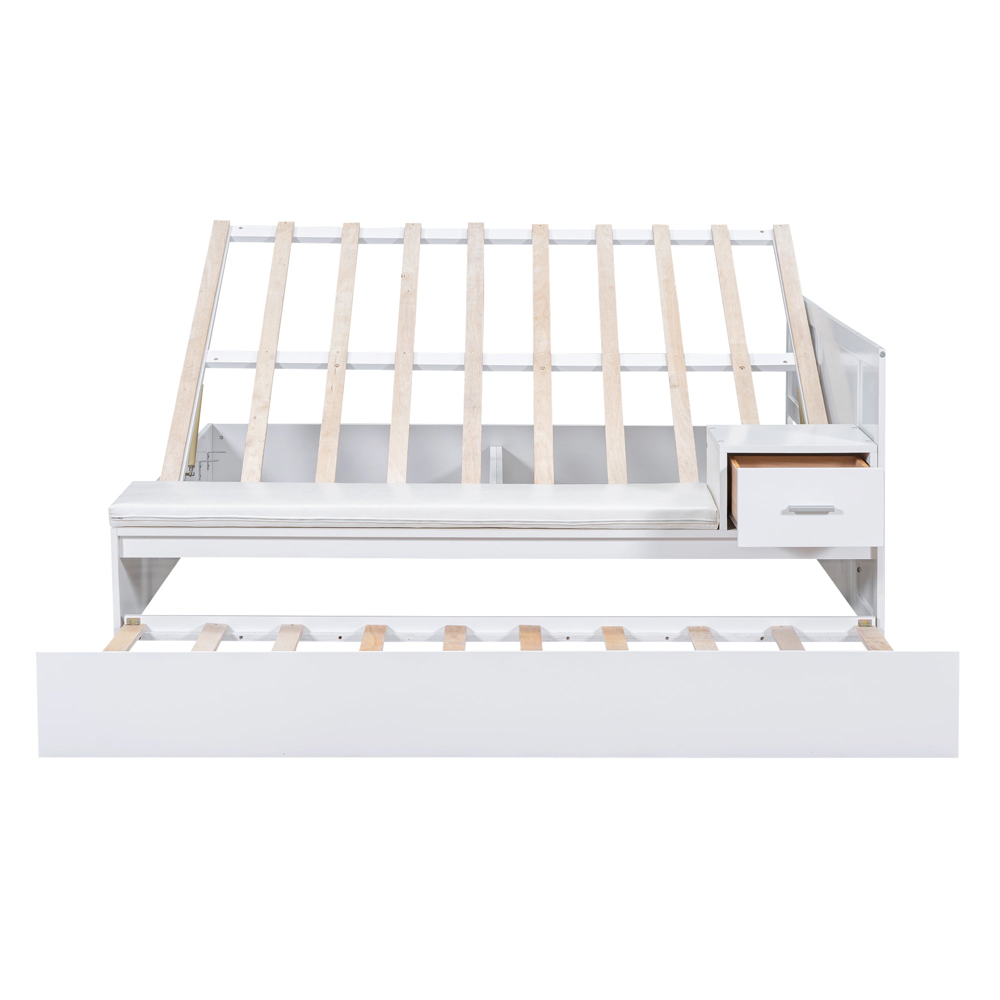 Full Size Wood Storage Hydraulic Platform Bed with Twin Size Trundle, Side Table and Lounge, White - Atlantic Fine Furniture Melbourne FL