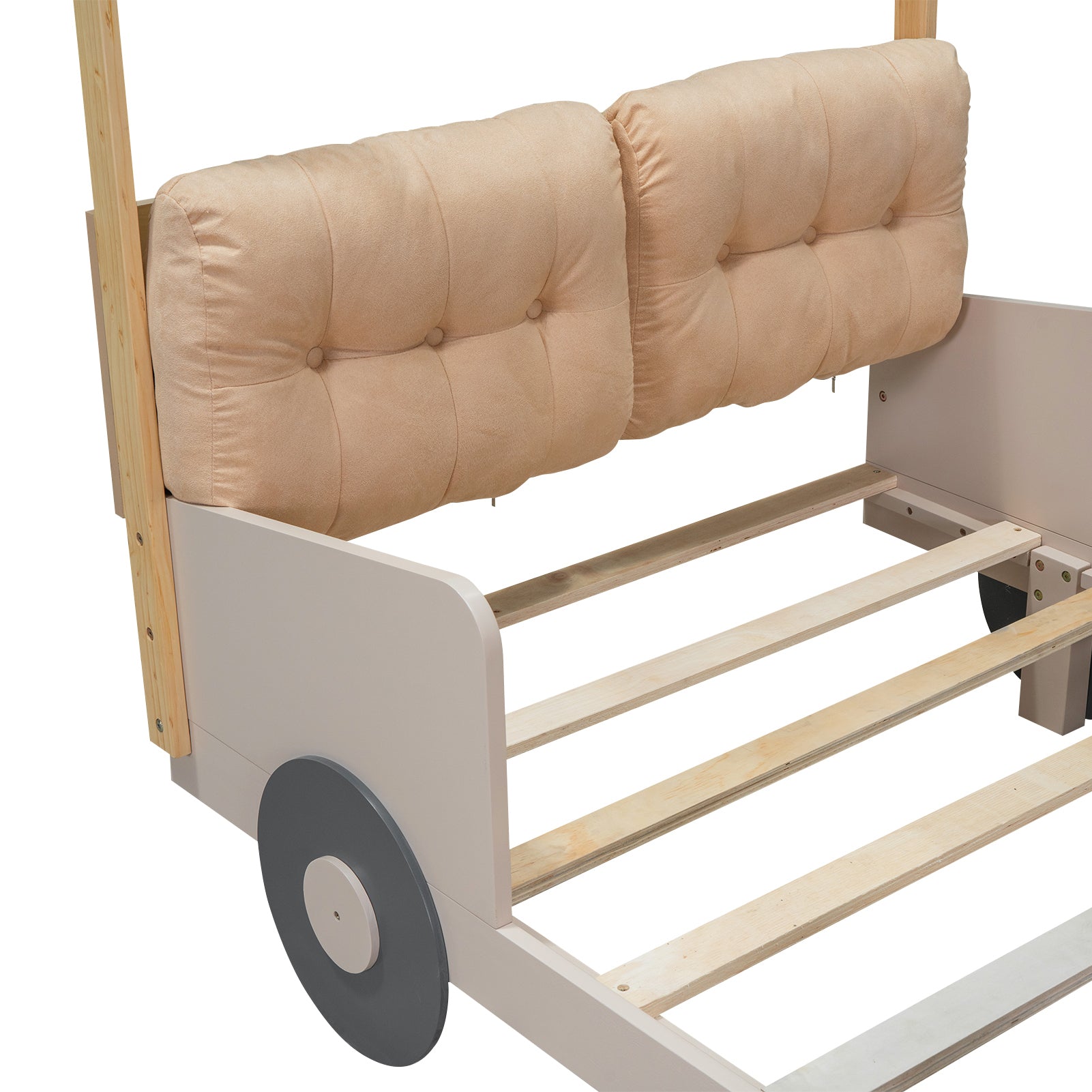 Wood Twin Size Car Bed with Pillow, Ceiling Cloth and LED, Natural - Atlantic Fine Furniture Melbourne FL