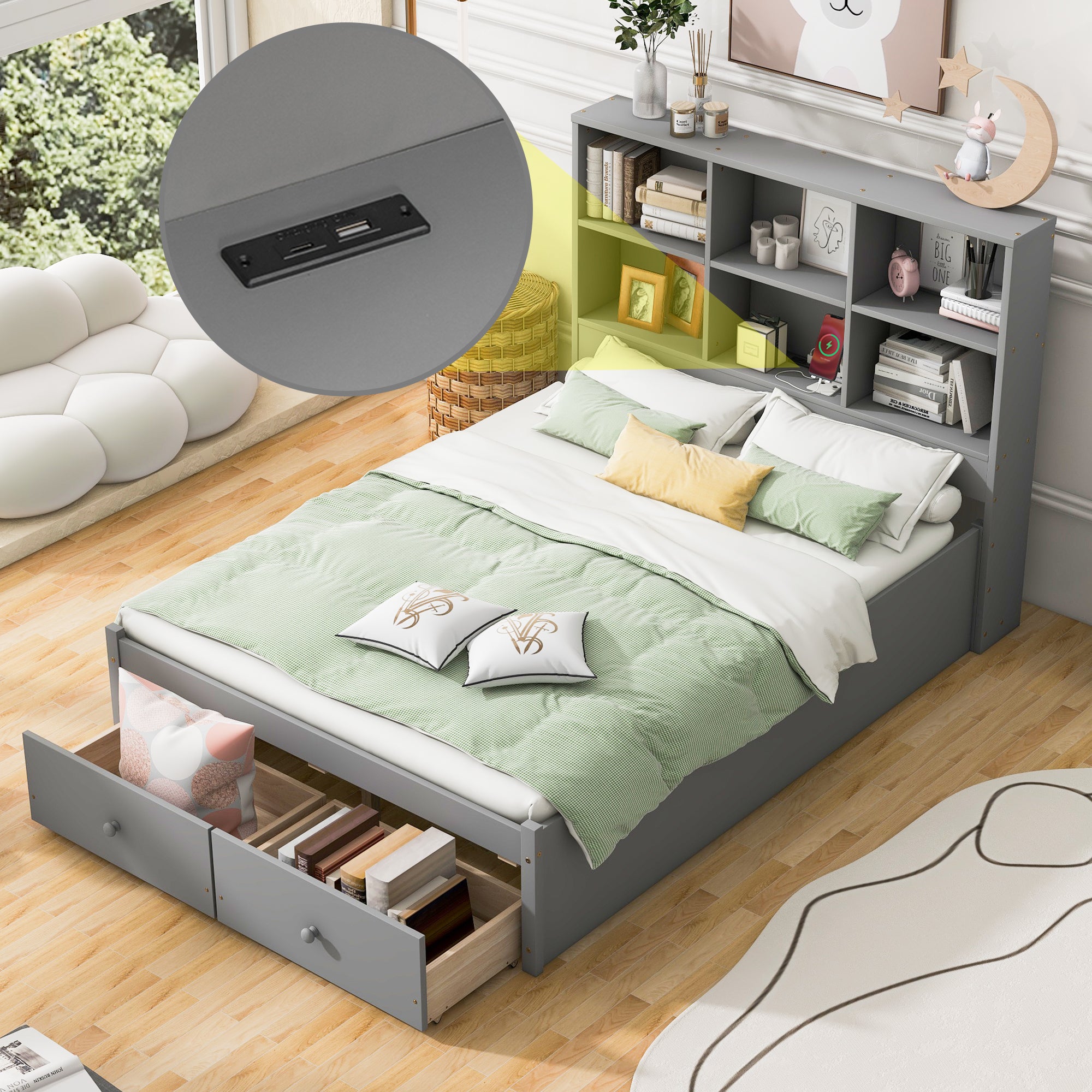 Full Size Platform Bed with Storage Headboard, Charging Station and 2 Drawers, Gray - Atlantic Fine Furniture Melbourne FL