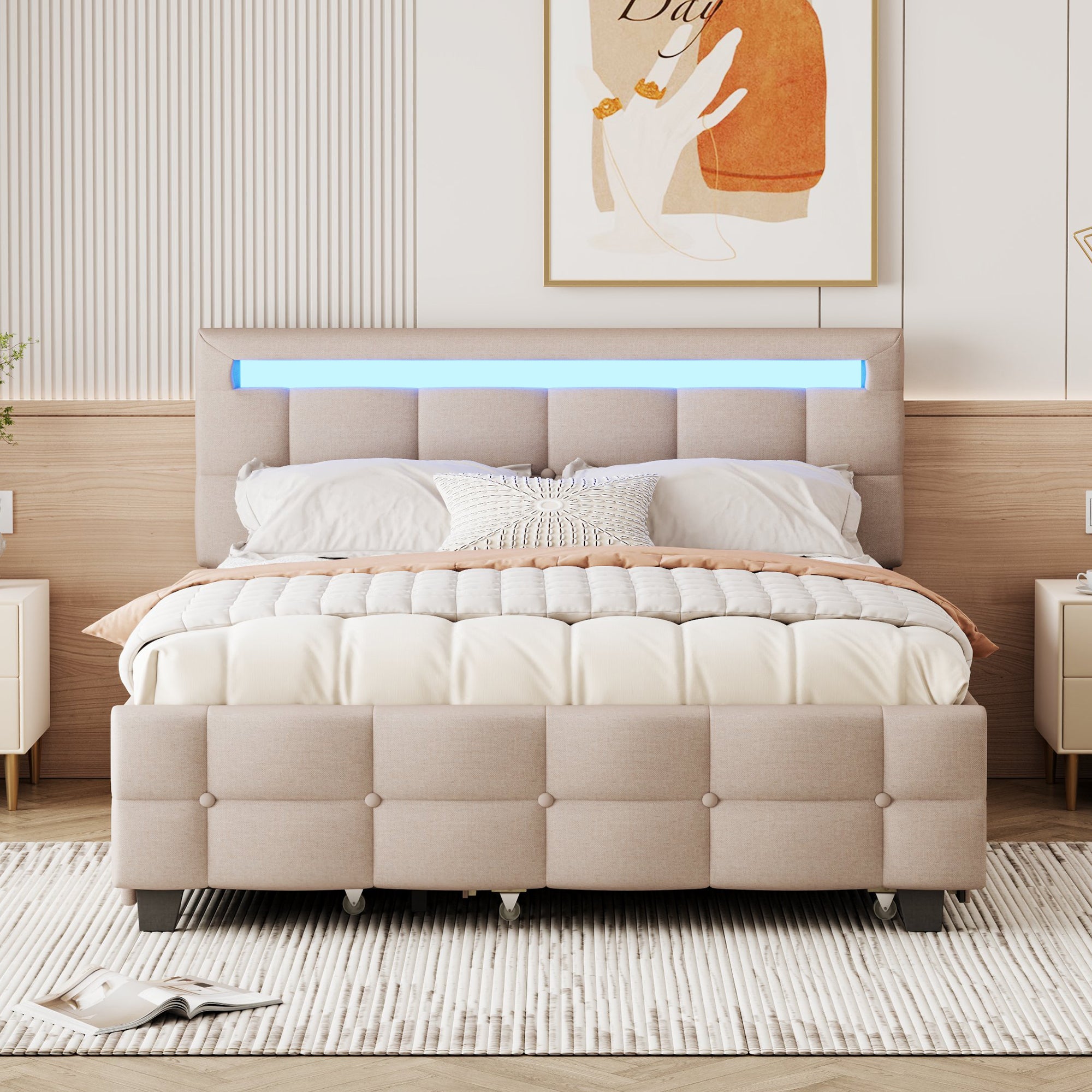 Queen Size Upholstered Platform Bed with LED Frame, with Twin XL Size Trundle and 2 drawers, Linen Fabric, Beige - Atlantic Fine Furniture Melbourne FL