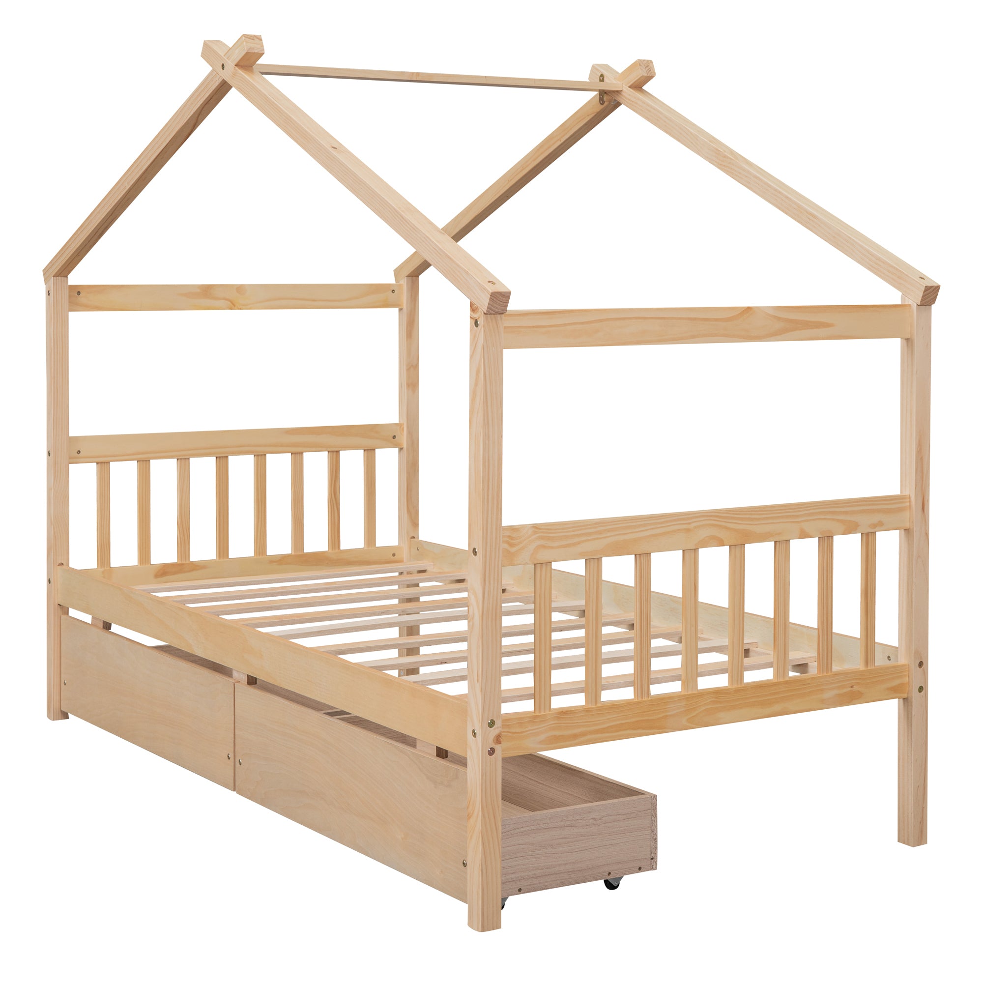 Twin Size Wooden House Bed with Drawers, Natural - Atlantic Fine Furniture Melbourne FL