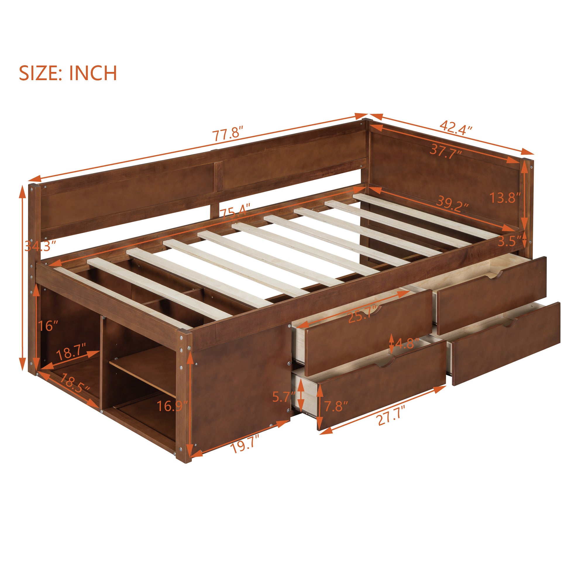 Twin Size Daybed with Drawers and Shelves, Walnut - Atlantic Fine Furniture Melbourne FL