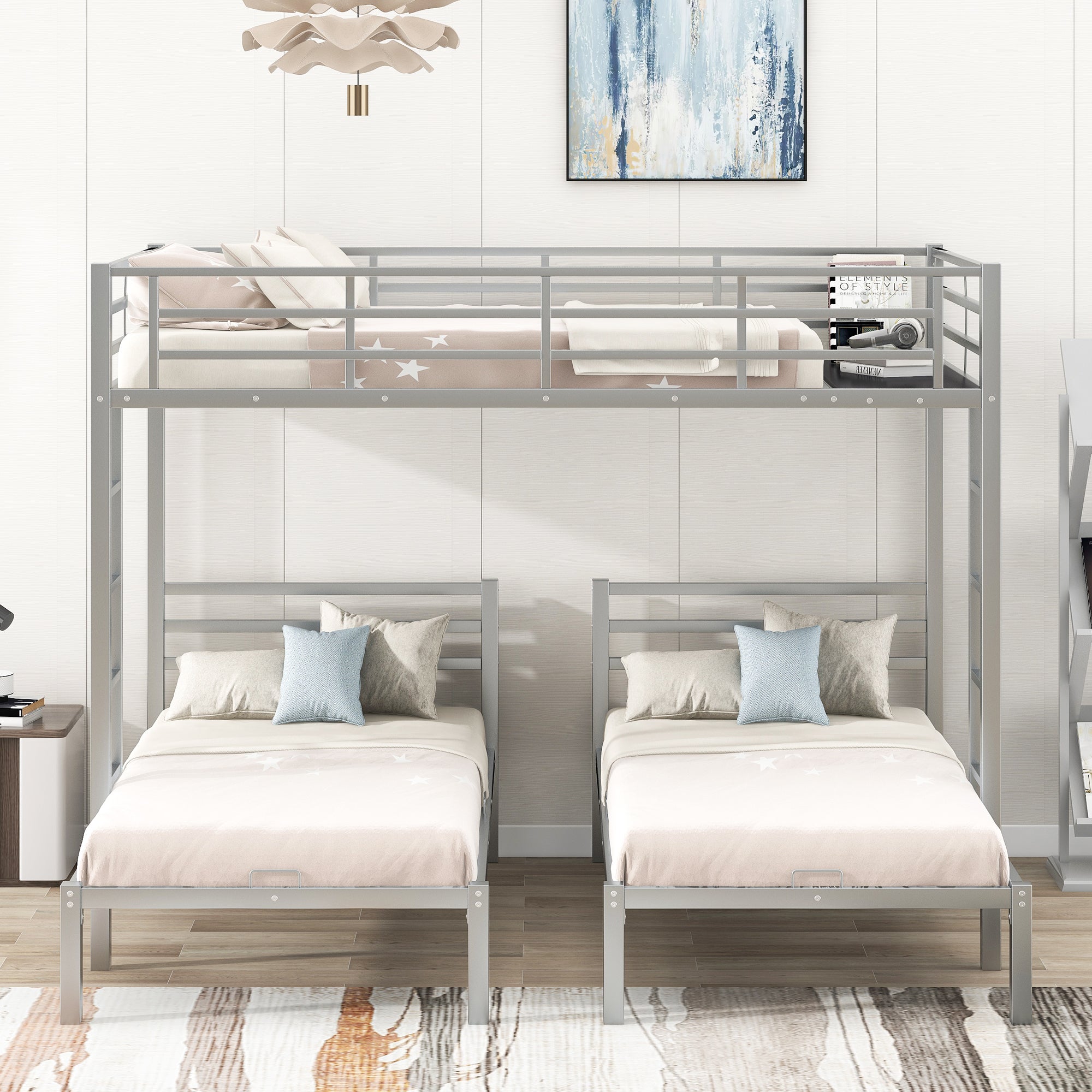 Full over Twin&Twin Size Bunk Bed with Built-in Shelf, Silver - Atlantic Fine Furniture Melbourne FL