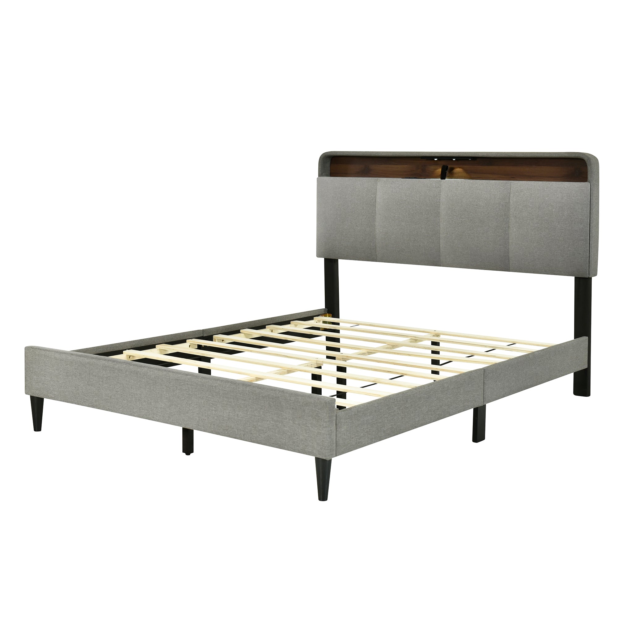 Queen size Upholstered Platform Bed with Storage Headboard, Sensor Light and a set of Sockets and USB Ports, Linen Fabric, Gray - Atlantic Fine Furniture Melbourne FL