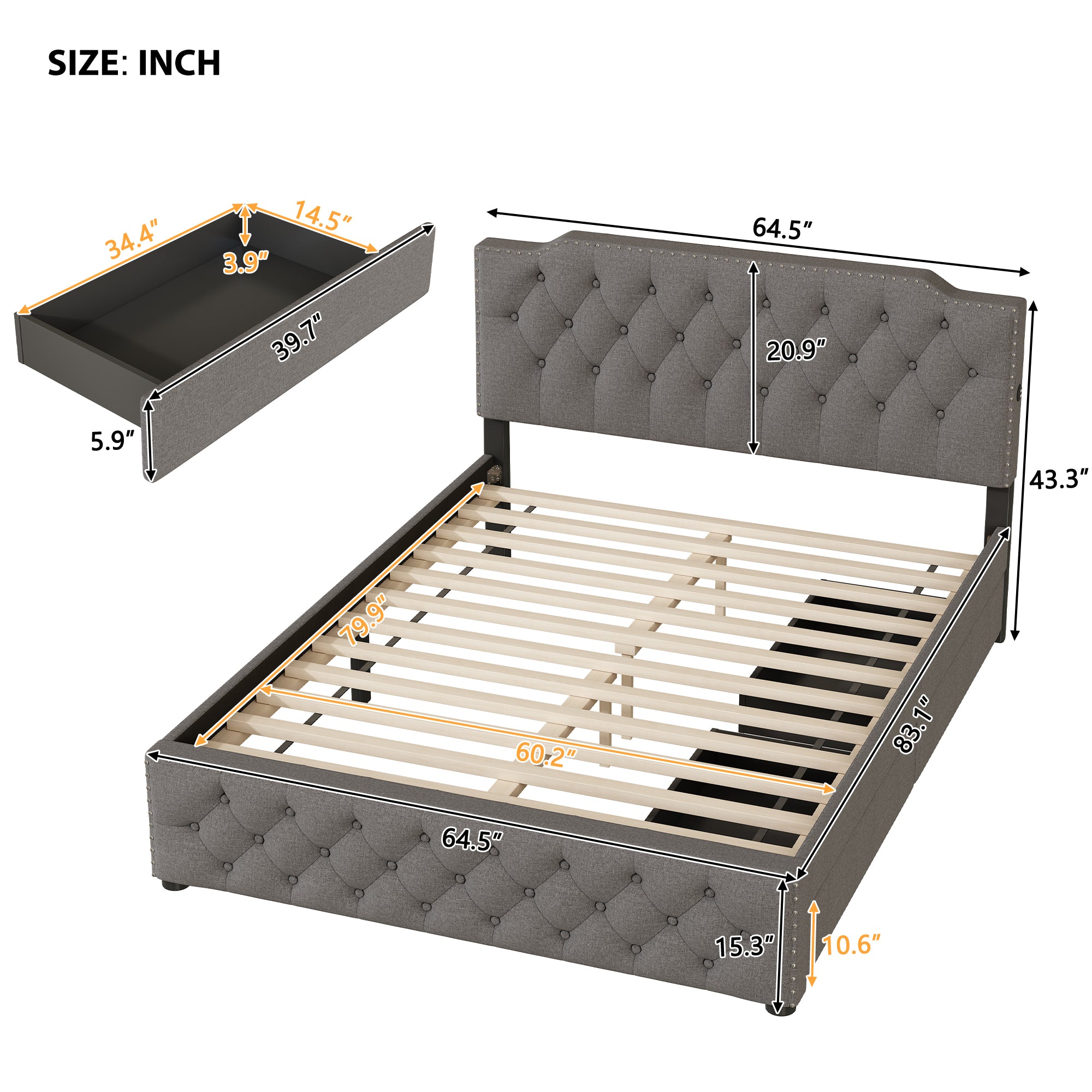 Queen Size Upholstered Platform Bed with 2 Drawers and 2 sets of USB Ports on each side, Linen Fabric, Gray - Atlantic Fine Furniture Melbourne FL