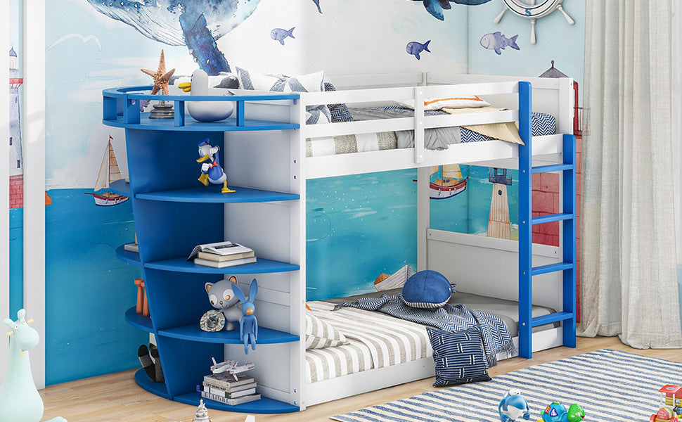 Twin over Twin Boat-Like Shape Bunk Bed with Storage Shelves, White+Blue - Atlantic Fine Furniture Melbourne FL