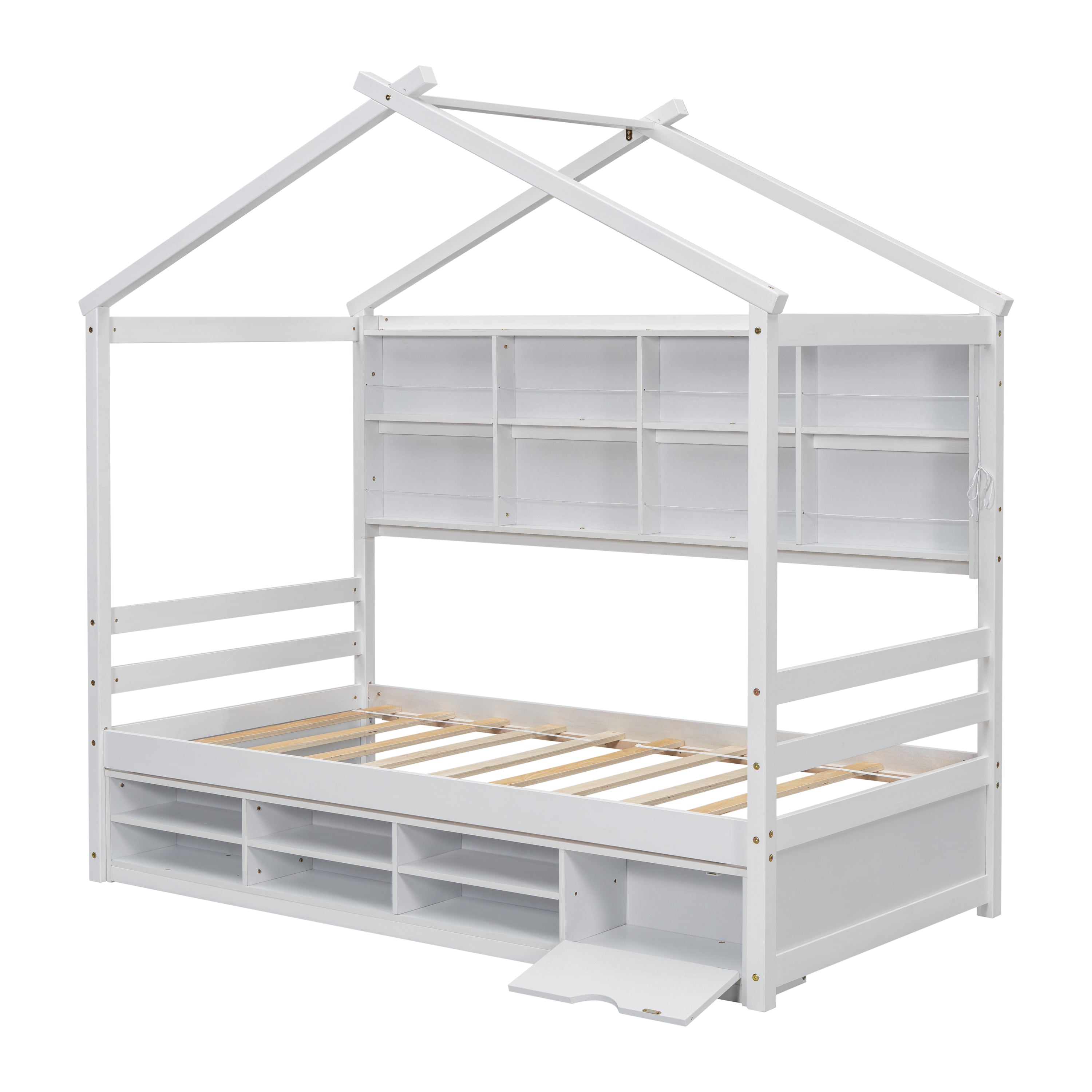 Twin House Bed with Roof Frame, Bedside-shelves, Under Bed Storage Unit,White - Atlantic Fine Furniture Melbourne FL