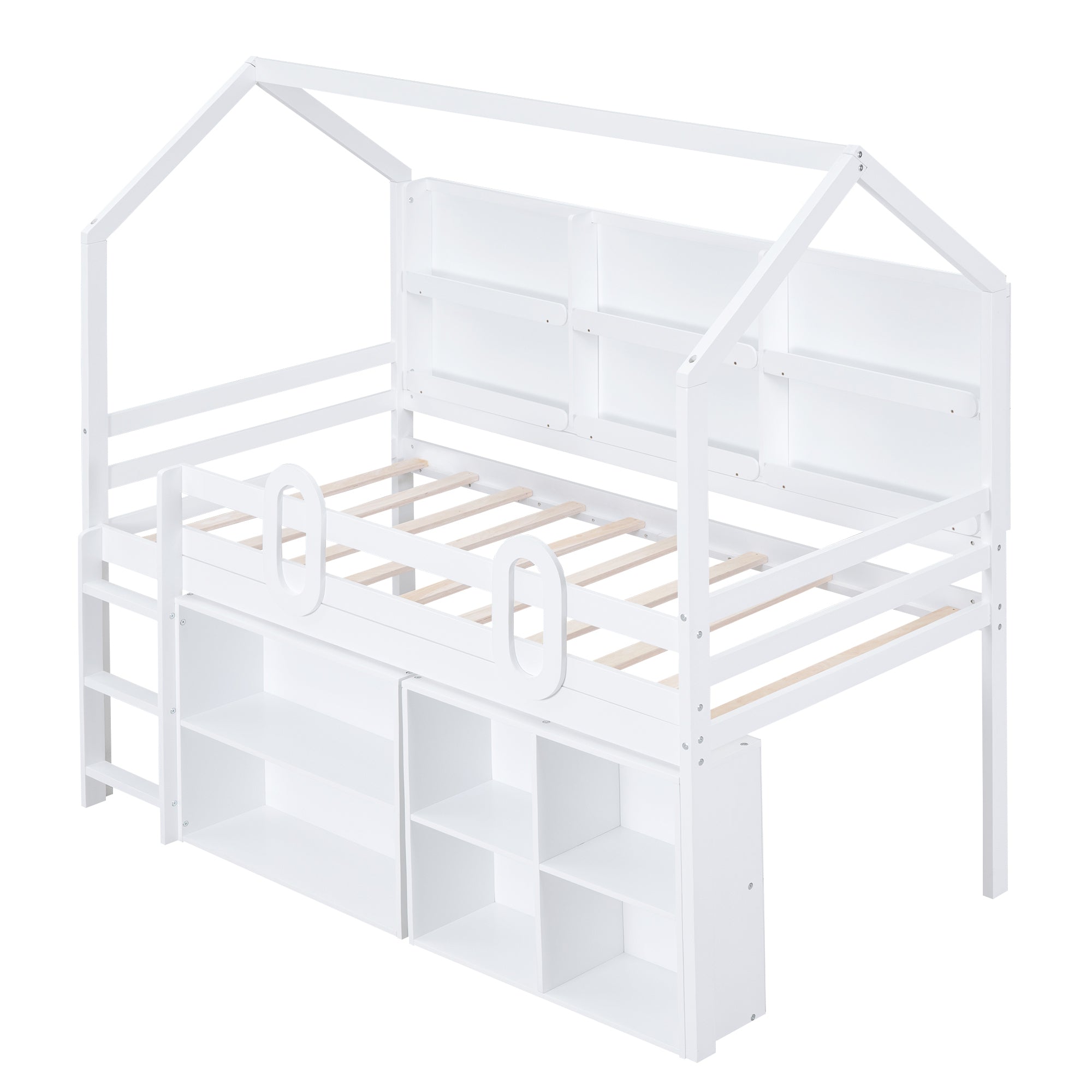 Twin Size House Loft Bed with Multiple Storage Shelves, White - Atlantic Fine Furniture Melbourne FL