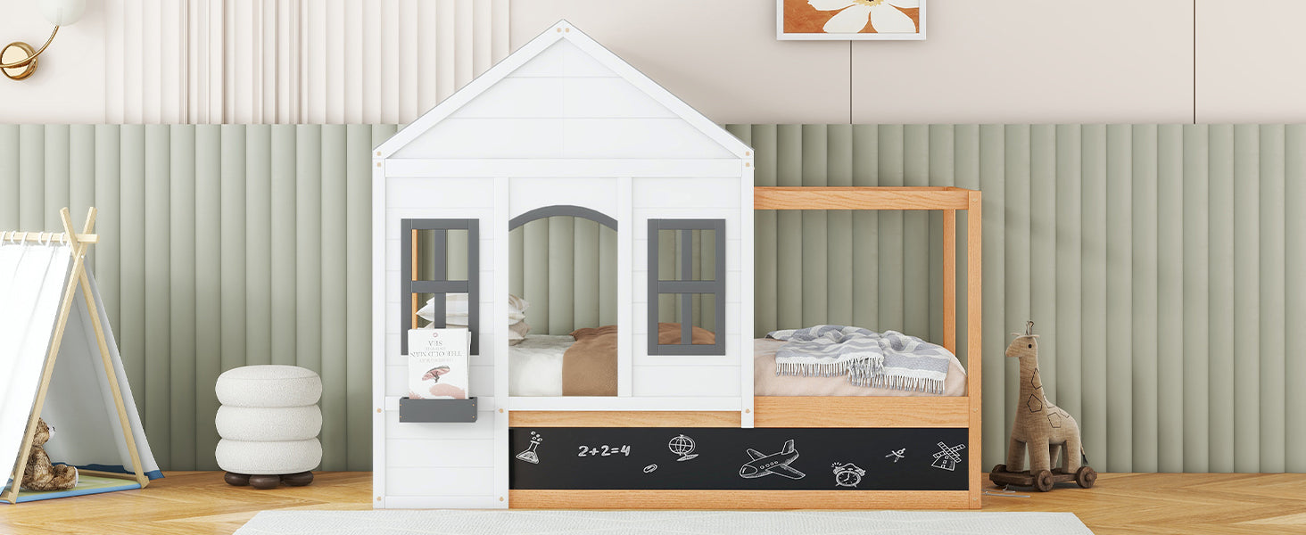 Twin Size House Shaped Canopy Bed with Black Roof and White Window,Blackboard and Little Shelf, White(Old SKU: WF294051AAK) - Atlantic Fine Furniture Melbourne FL