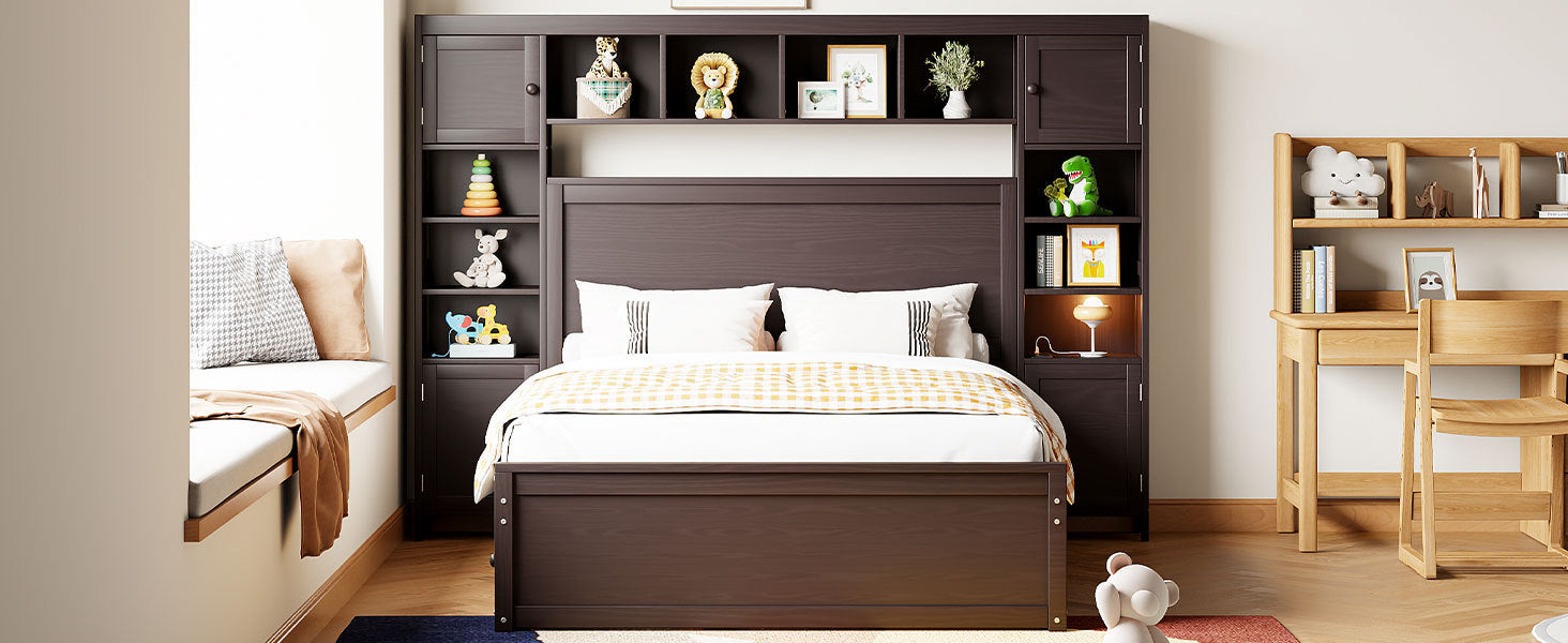 Full Size Wooden Bed With All-in-One Cabinet, Shelf and Sockets, Espresso - Atlantic Fine Furniture Melbourne FL