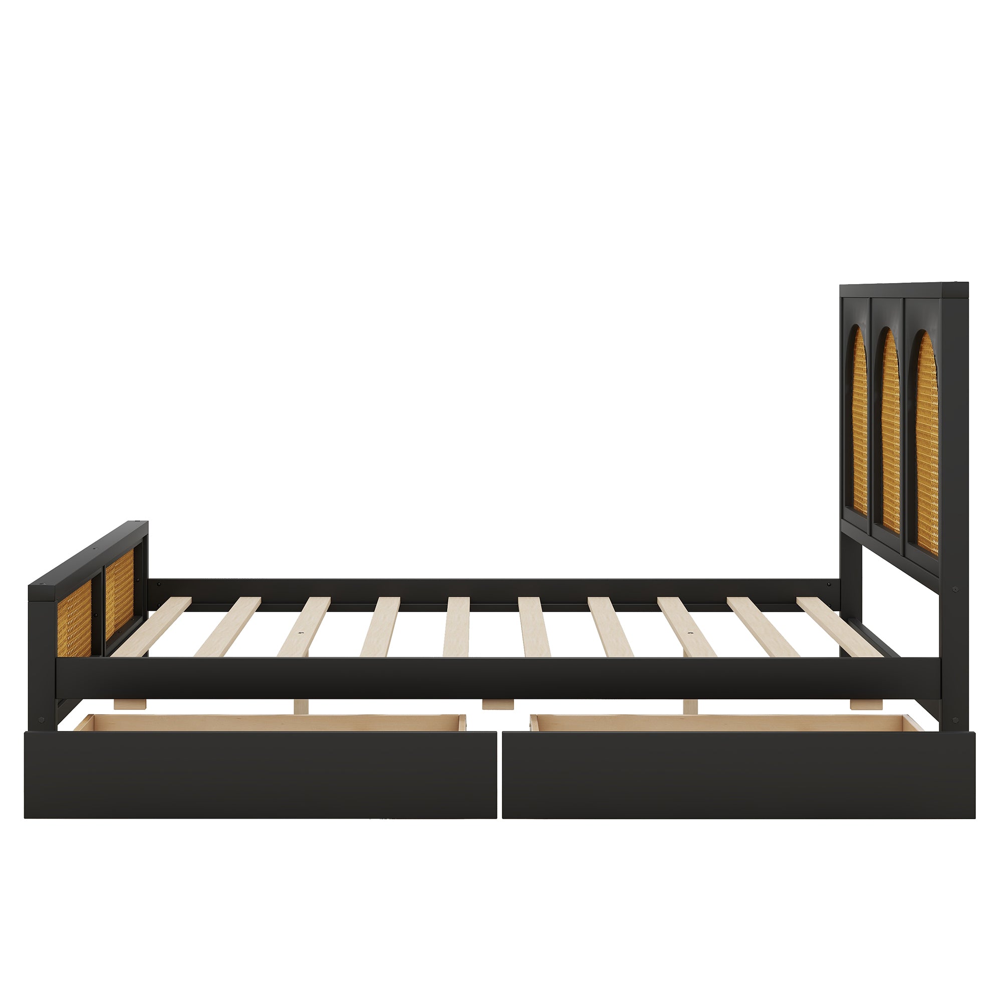 Full Size Wood Storage Platform Bed with 2 Drawers, Rattan Headboard and Footboard, Black - Atlantic Fine Furniture Melbourne FL