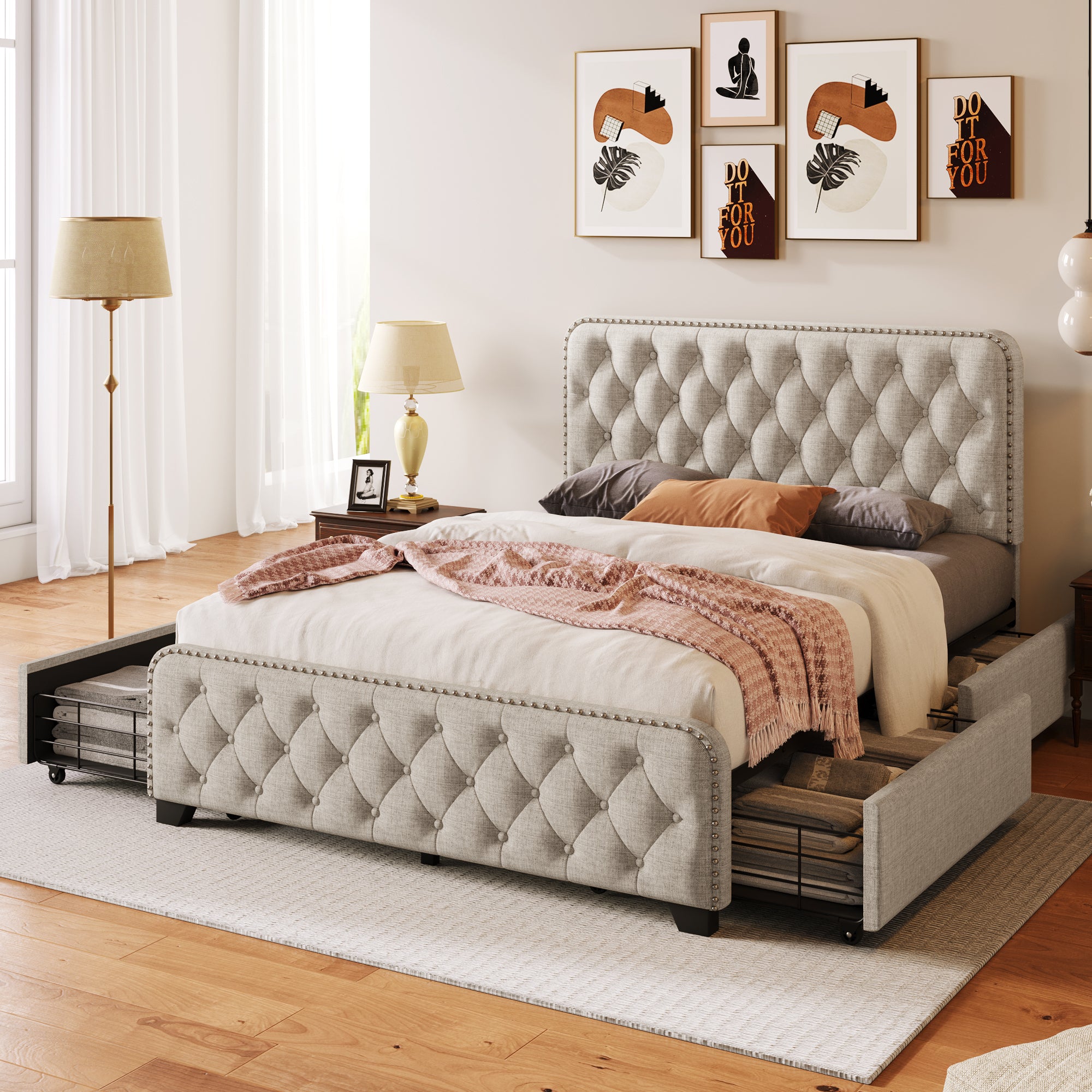 Upholstered Platform Bed Frame with Four Drawers, Button Tufted Headboard and Footboard Sturdy Metal Support, No Box Spring Required, Beige, Full (Old sku:BS300281AAA) - Atlantic Fine Furniture Melbourne FL