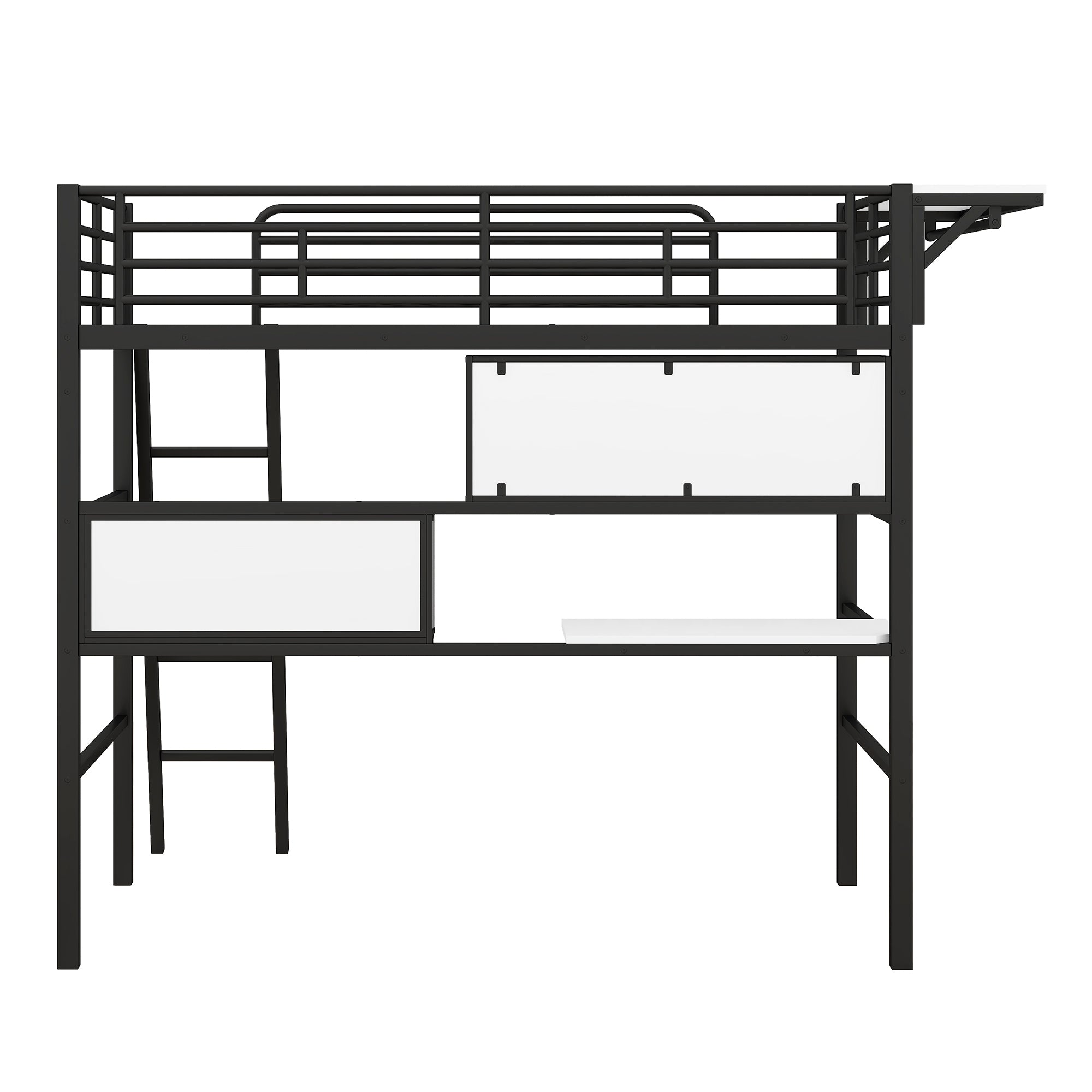 Twin Size Metal Loft Bed with 2 Shelves, a desk and a Hanging Clothes Rack, Black and White - Atlantic Fine Furniture Melbourne FL