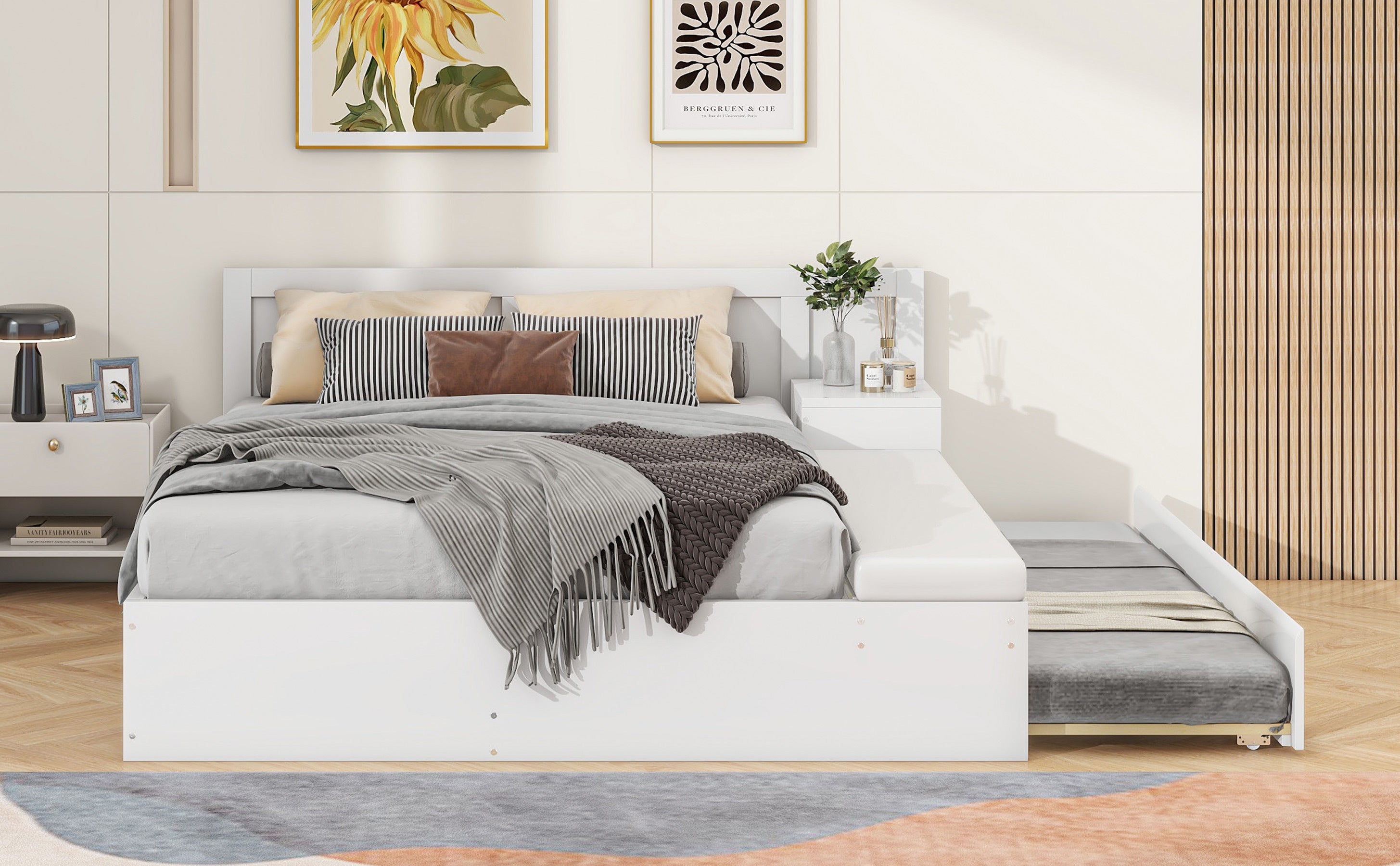 Full Size Wood Storage Hydraulic Platform Bed with Twin Size Trundle, Side Table and Lounge, White - Atlantic Fine Furniture Melbourne FL