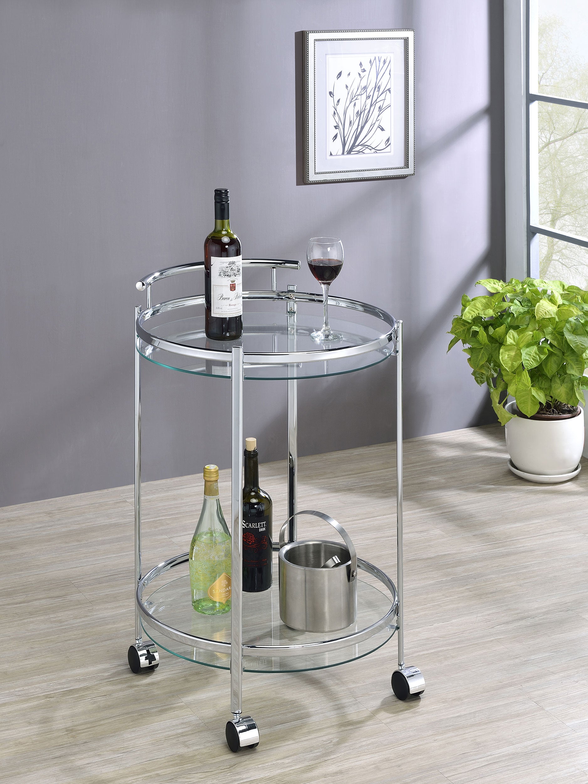 Chrissy Round Glass Shelf Metal Bar Cart Chrome — view 2