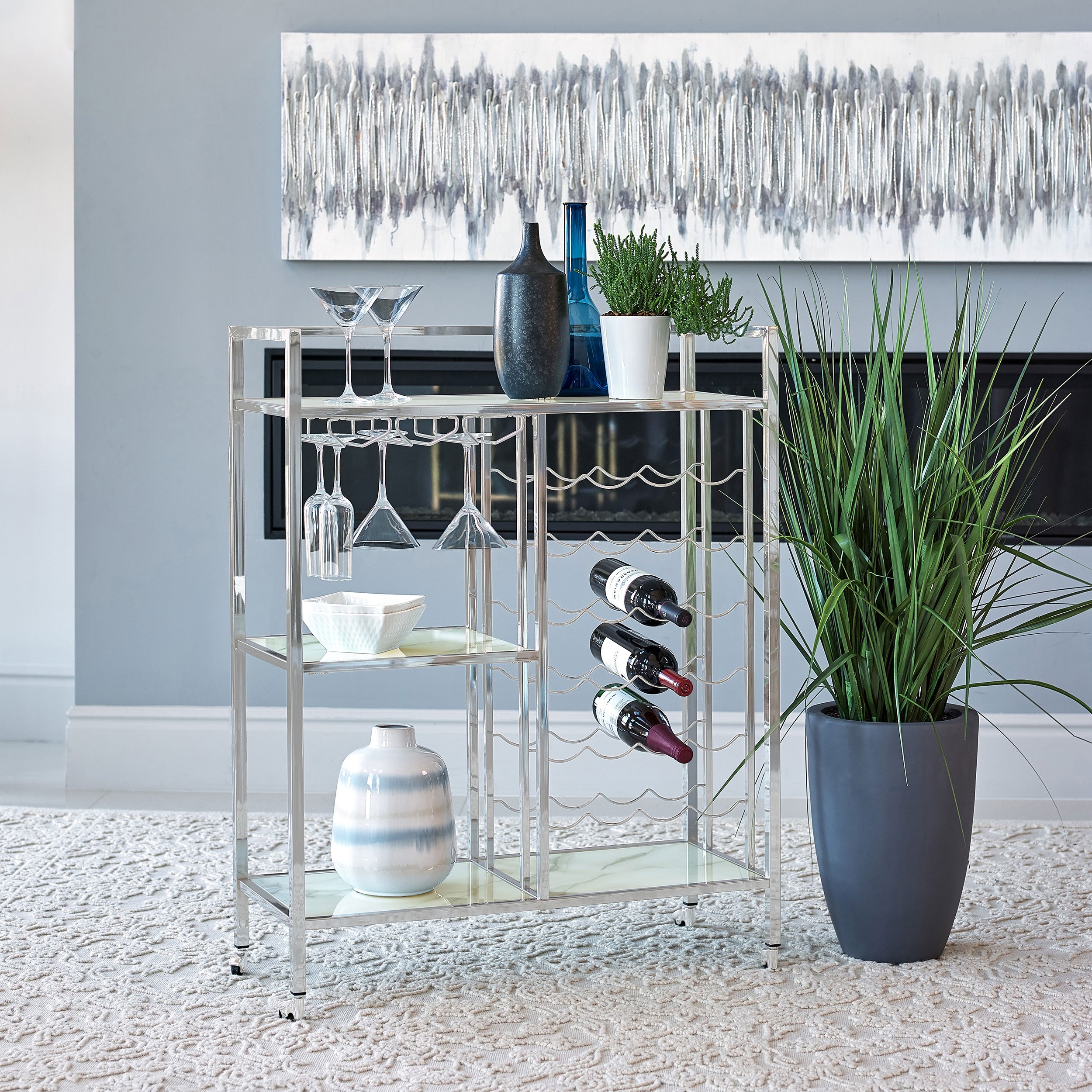 Derion 3-tier Rectangular Glass Shelf Metal Bar Cart Chrome — view 2