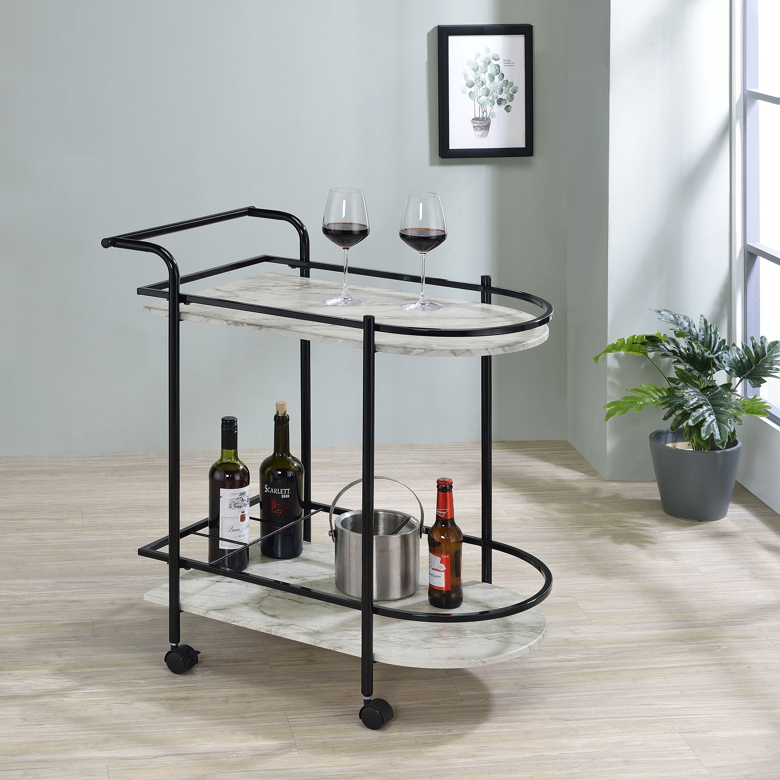 Desiree 2-tier Faux Marble Shelf Metal Bar Cart Black — view 2