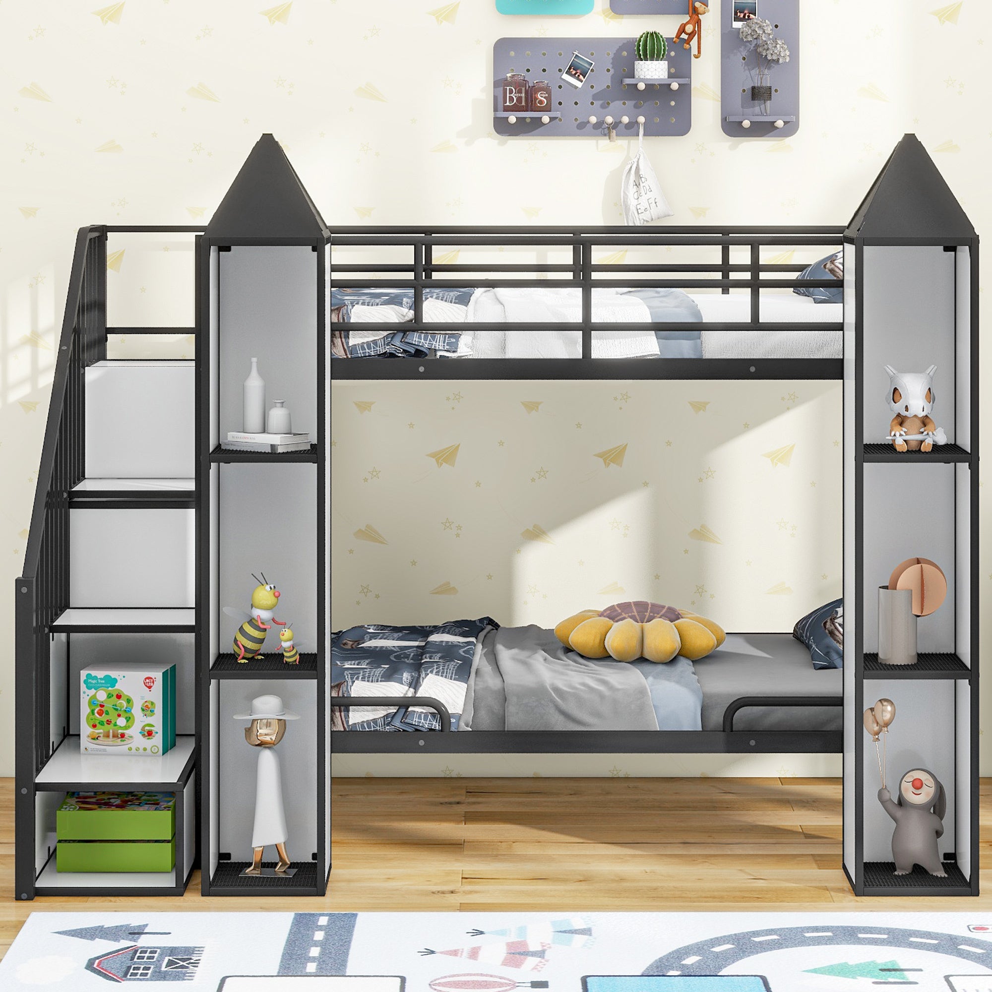 Metal Twin over Twin Castle-shaped Bunk Bed with Wardrobe and Multiple Storage, Black+White - Atlantic Fine Furniture Melbourne FL