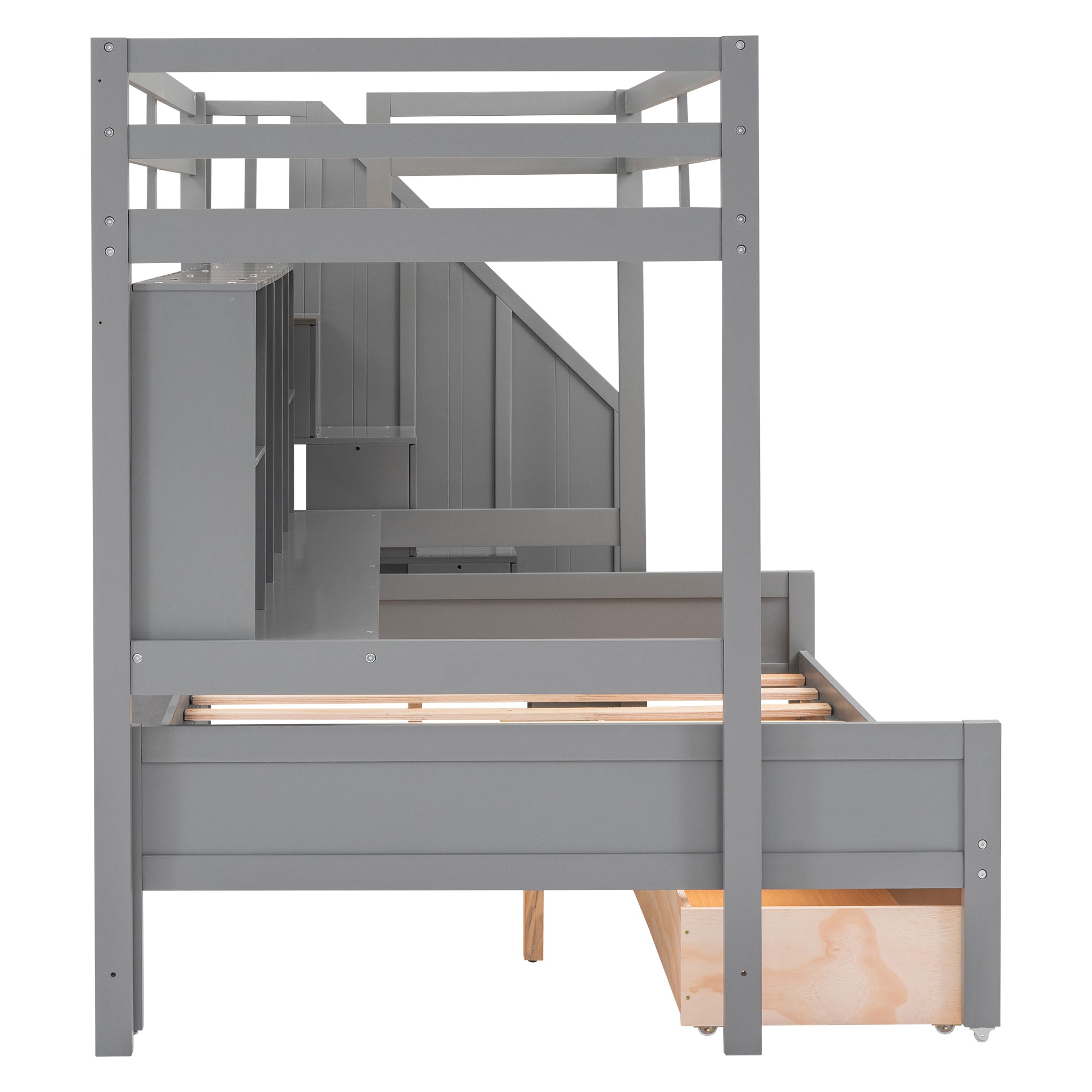 Twin XL over Full Bunk Bed with Built-in Storage Shelves, Drawers and Staircase,Gray - Atlantic Fine Furniture Melbourne FL