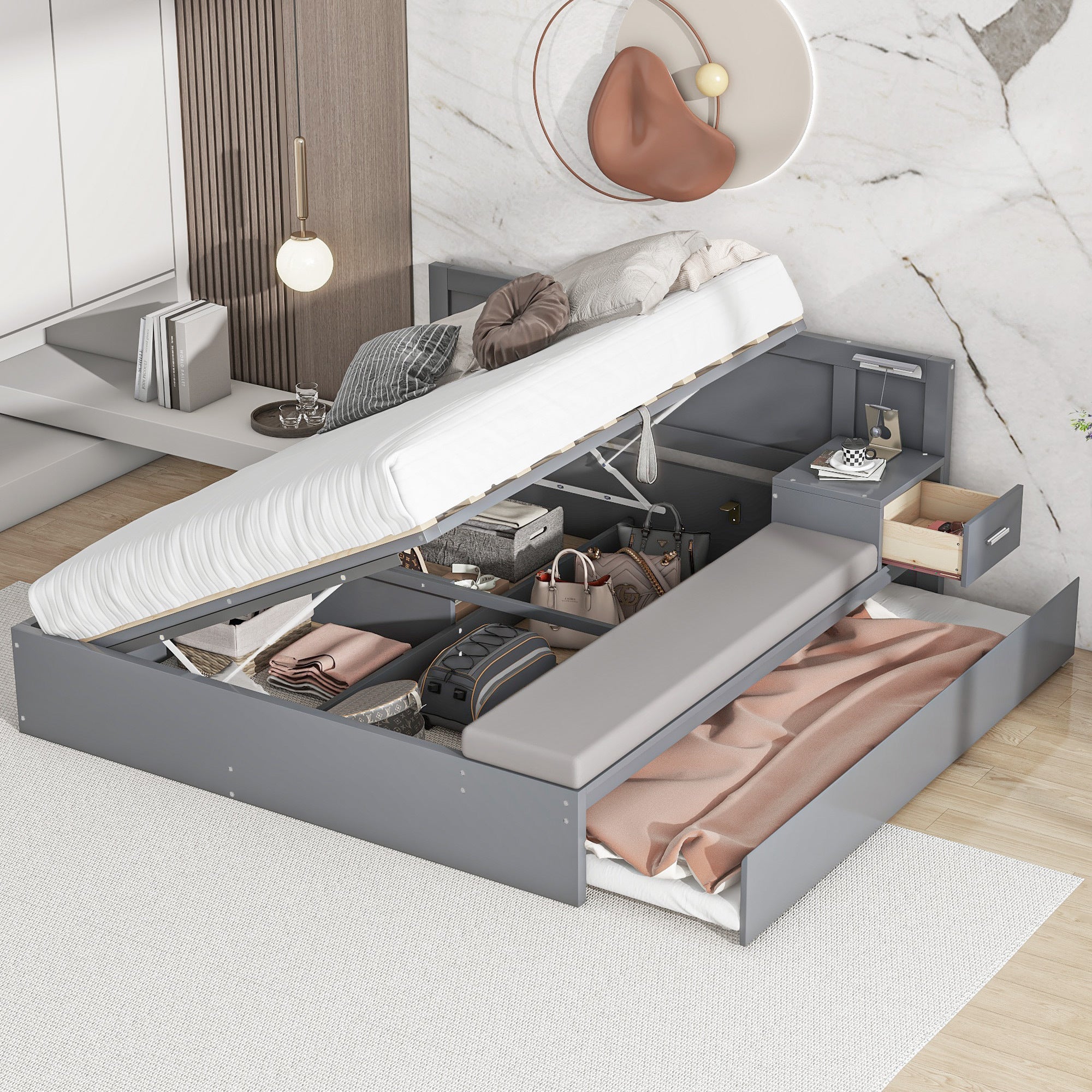 Full Size Wood Storage Hydraulic Platform Bed with Twin Size Trundle, Side Table and Lounge, Gray - Atlantic Fine Furniture Melbourne FL