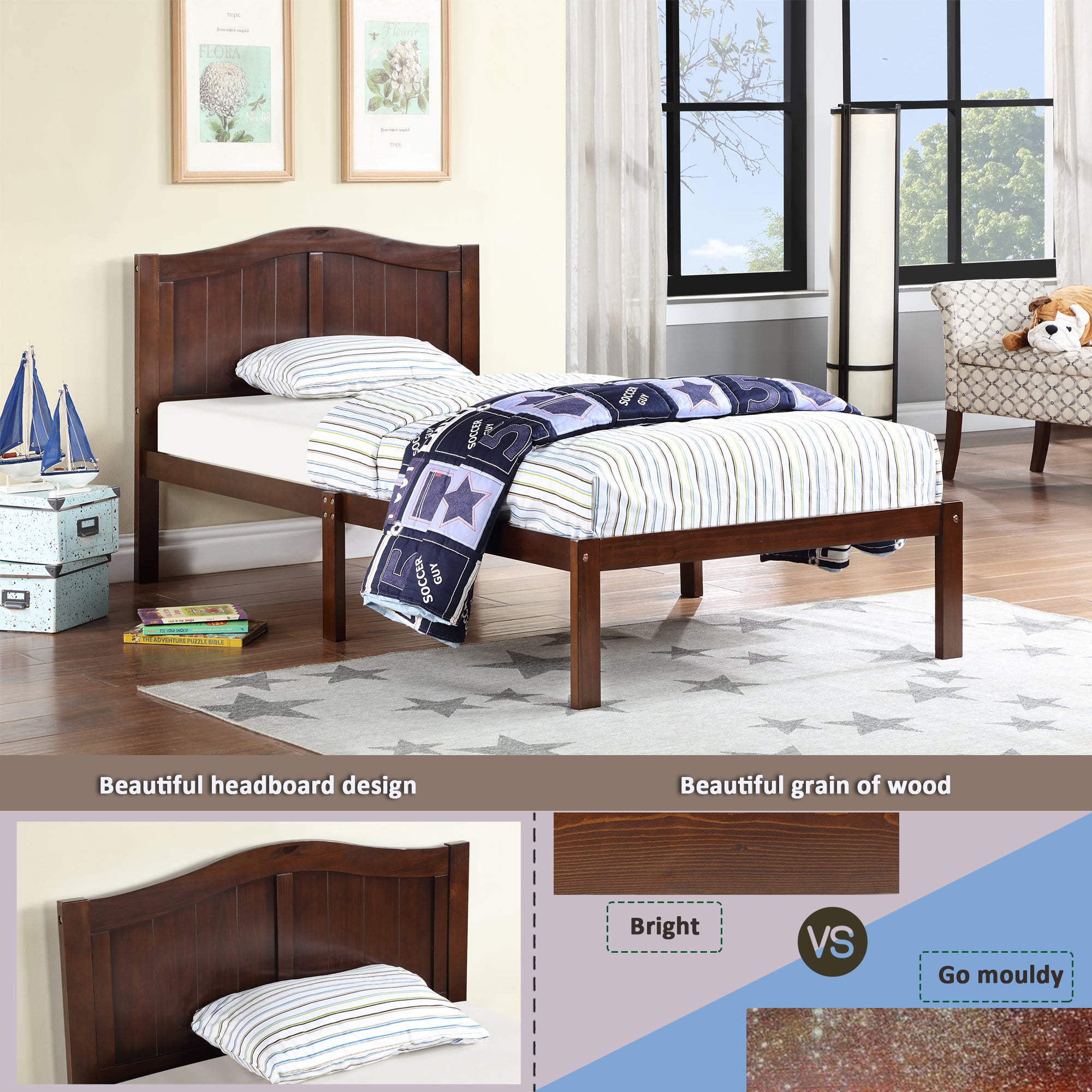 Twin Size Bed, Wood Platform Bed Frame with Headboard For Kids, Slatted, Dark Walnut - Atlantic Fine Furniture Melbourne FL