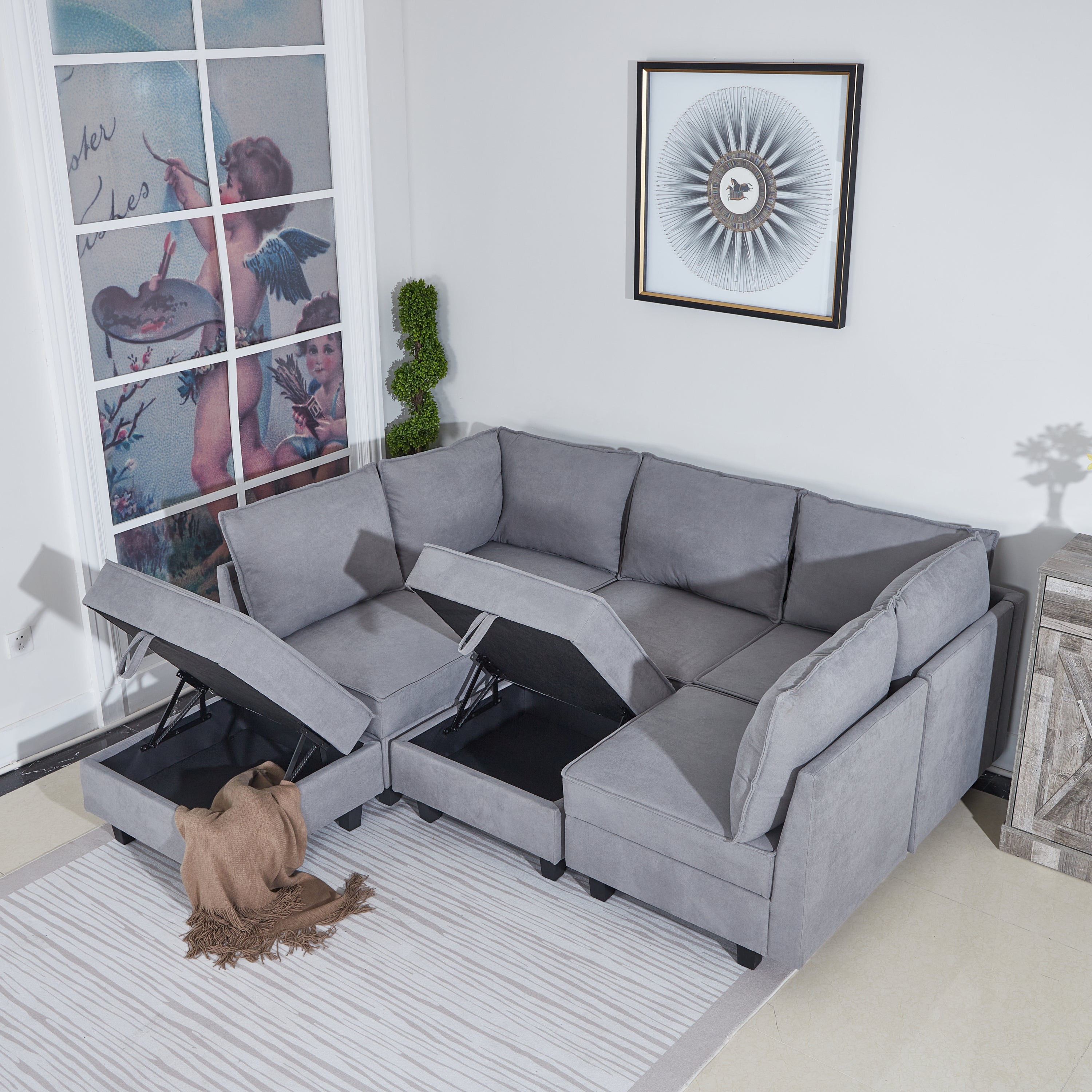 Oversized Modular Sectional Sofa, Chenille U-Shaped Couch with Chaise/Ottoman, 7 Seater Living Room Furniture Sets