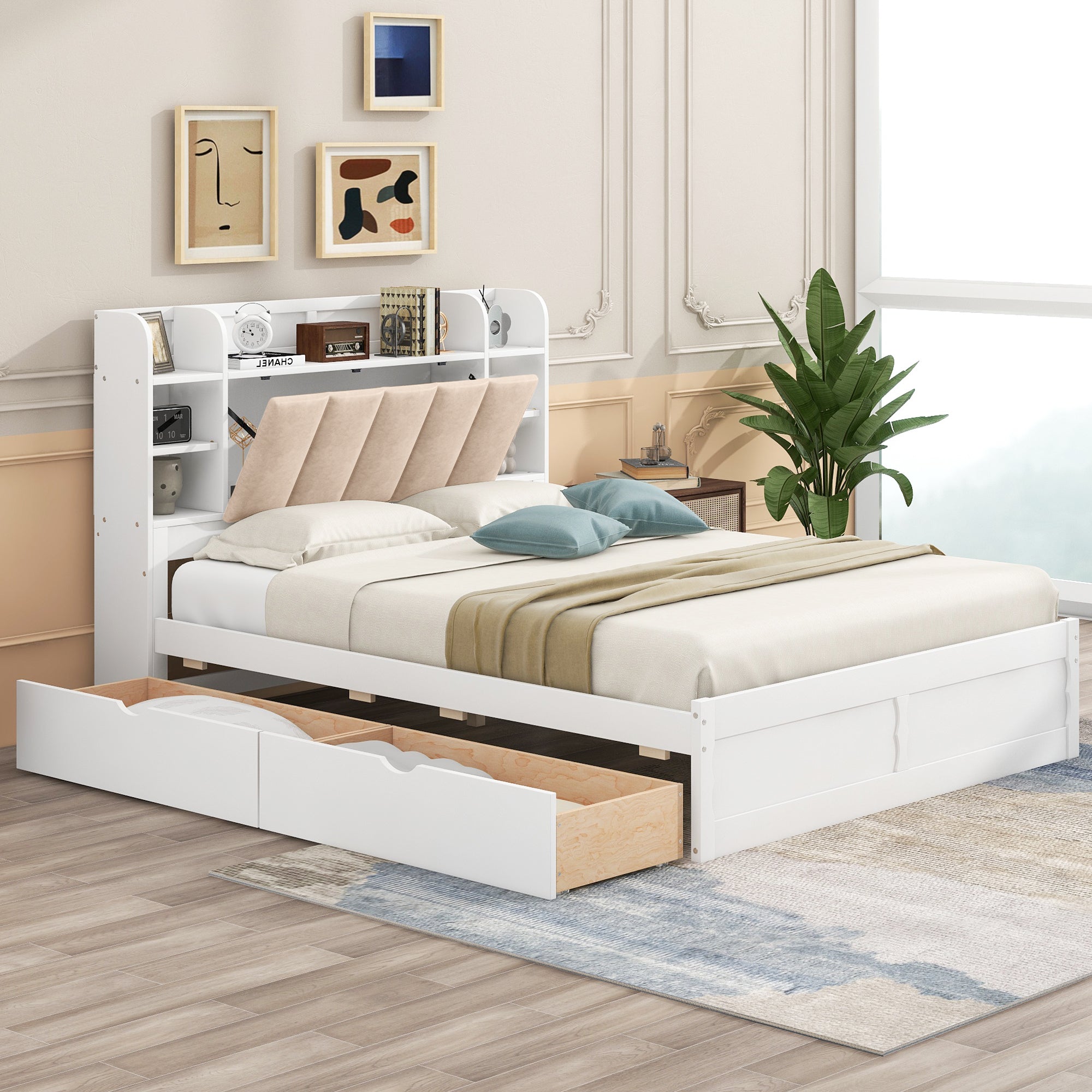 Wood Queen Size Platform Bed with Storage Headboard, Shelves and 2 Drawers, White - Atlantic Fine Furniture Melbourne FL