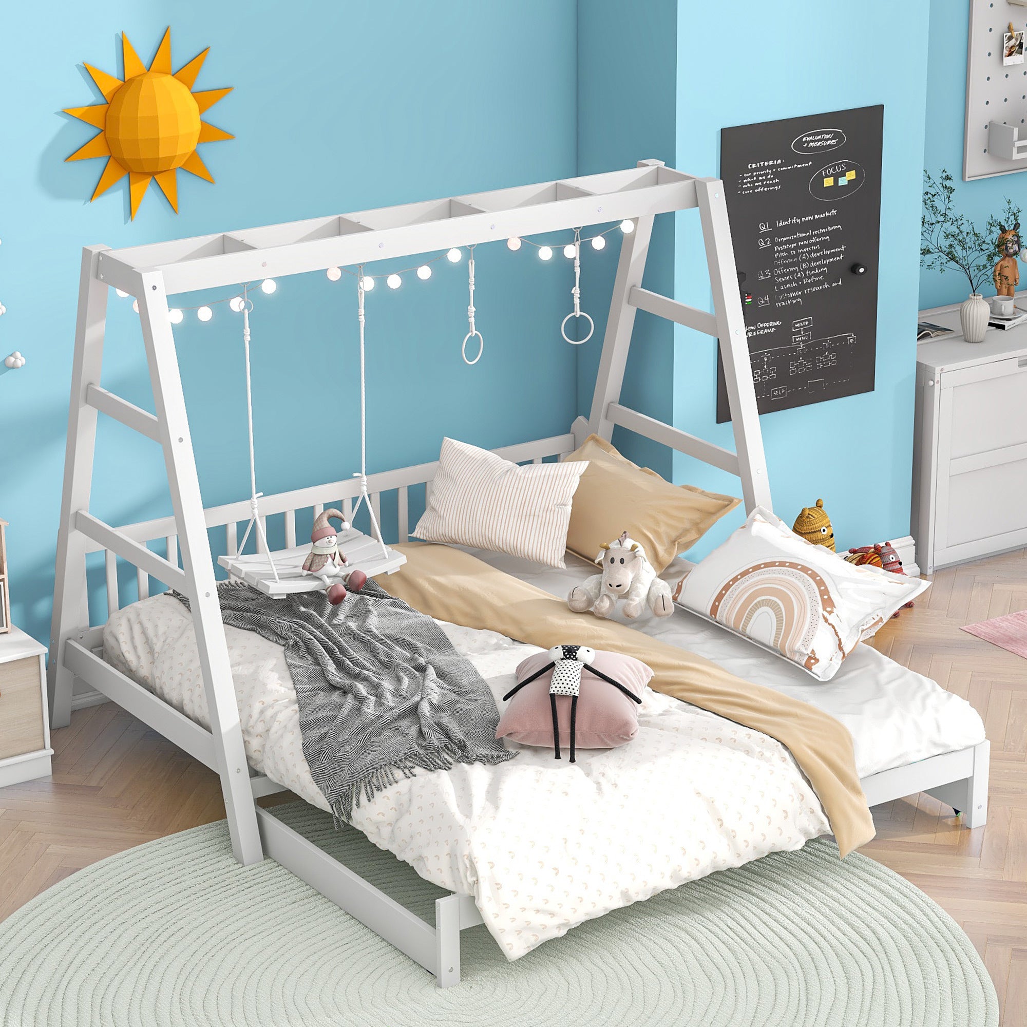 Extendable Twin Daybed with Swing and Ring Handles, White(Twin bed can be pulled out to be King) - Atlantic Fine Furniture Melbourne FL