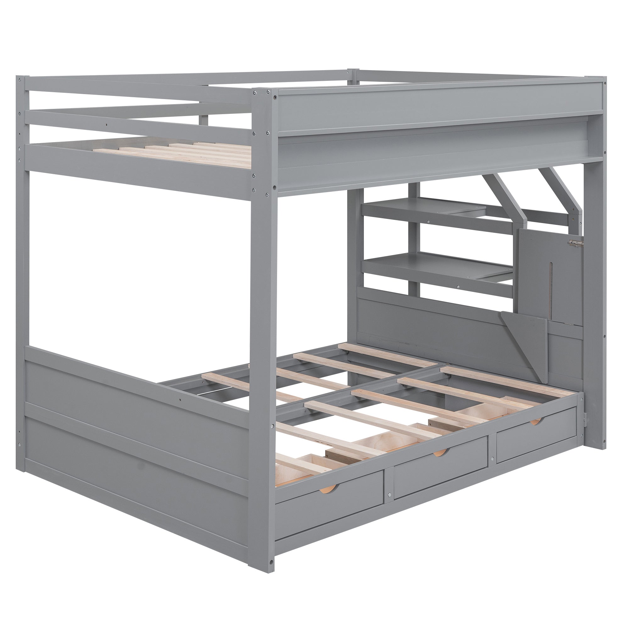 Wood Full Size Convertible Bunk Bed with Storage Staircase, Bedside Table, and 3 Drawers, Gray - Atlantic Fine Furniture Melbourne FL