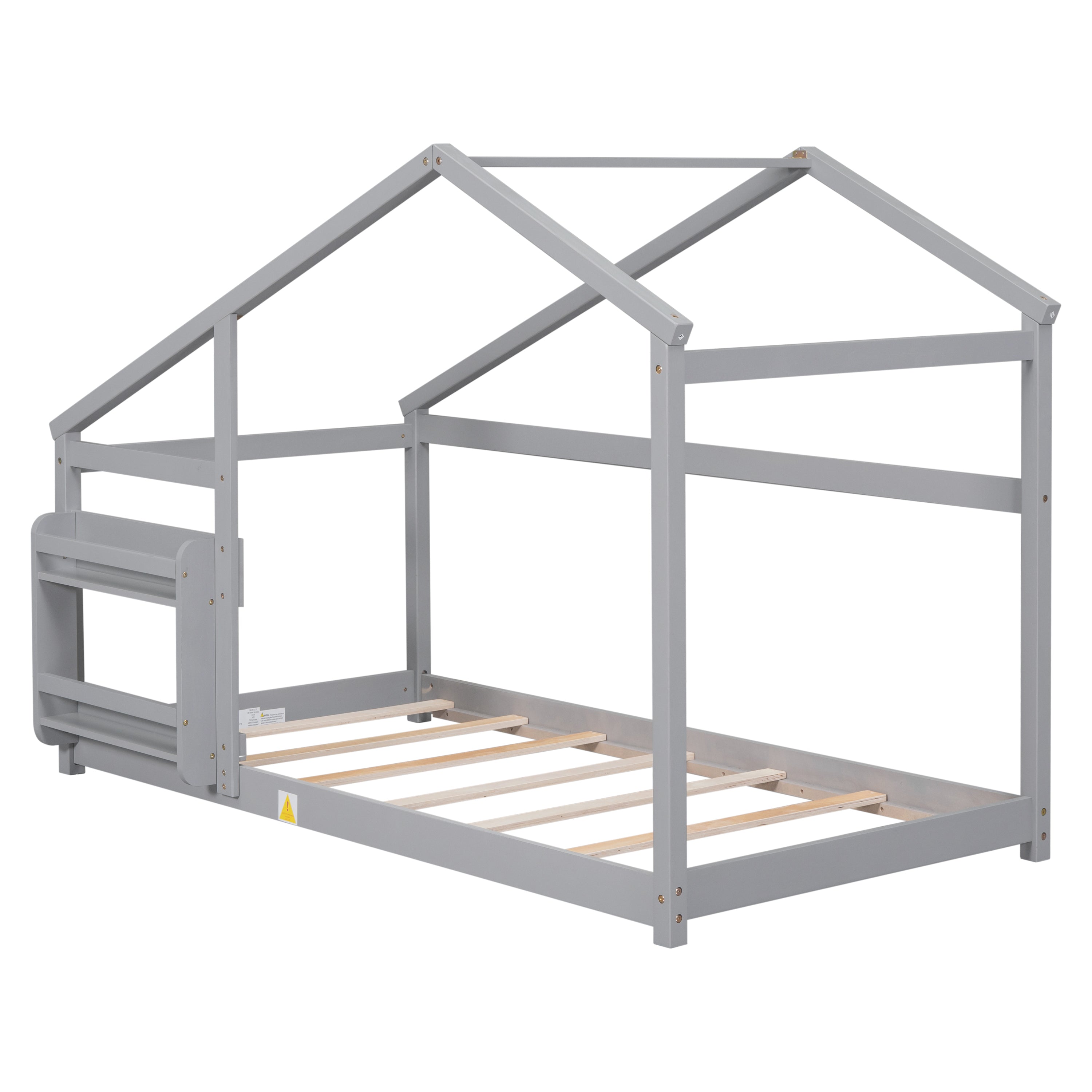Twin Size Wooden House Bed, Twin Floor Wooden Bed with Shelf, No Box Spring Needed, Gray Color, Twin bed